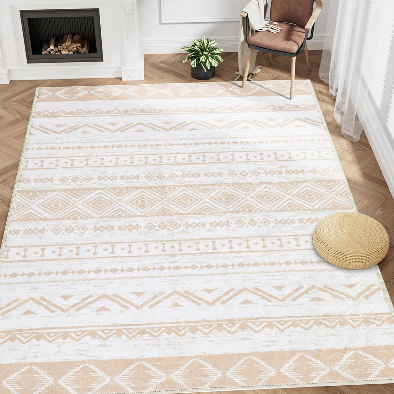 Alfombra de área de 5 x 7 pies, color beige, lavable, para dormitorio, sala de estar, moderna, marroquí, antideslizante, suave, para interiores,