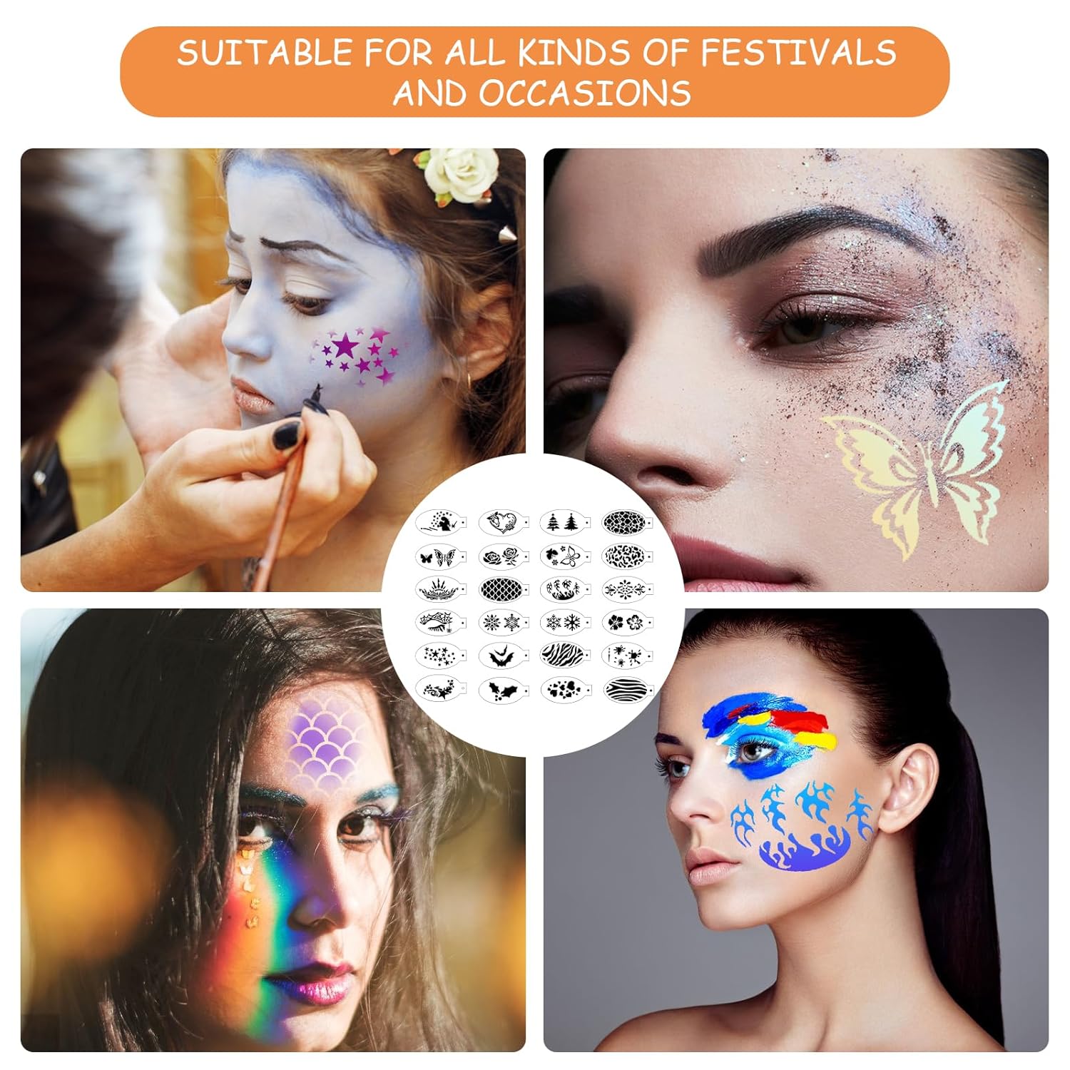 24 plantillas de pintura facial reutilizables, plantillas de pintura corporal de plástico, pintura de tatuaje, maquillaje, rastreo temporal,