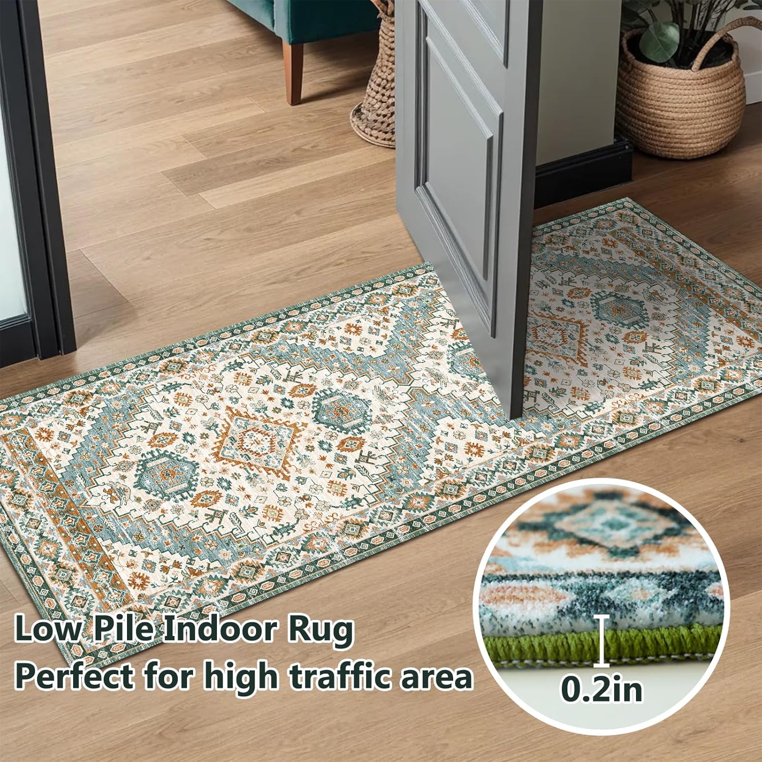 CHOSHOME Alfombra de área  Alfombra vintage de pelo bajo de 2 x 6 pies, lavable a máquina, con parte trasera antideslizante, no desprende pelusa,