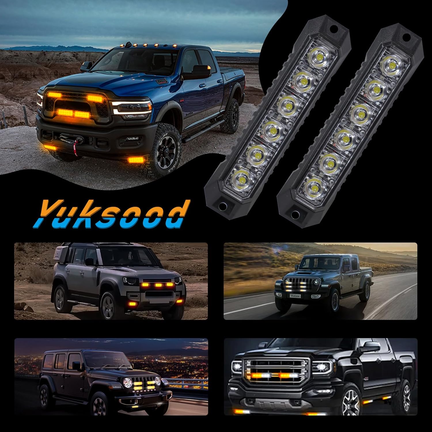 yuksood Luces estroboscópicas para camiones, luces de emergencia para vehículos, luces intermitentes de 6 LED, cabeza de luz de rejilla, para