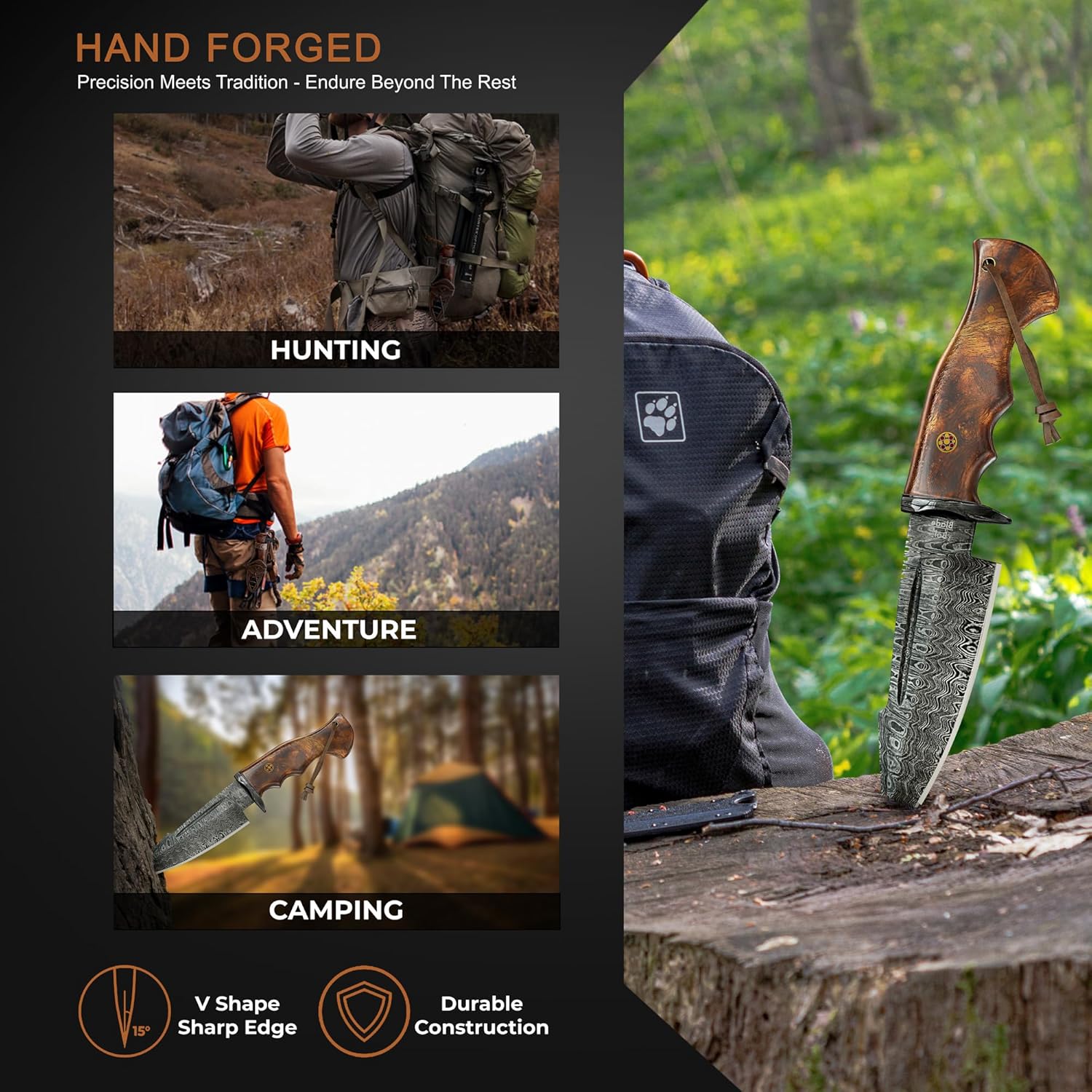 Cuchillo de caza de Damasco hecho a mano de 10 pulgadas con funda  Cuchillos de caza de hoja fija para hombres  Cuchillo EDC de hoja fija con mango