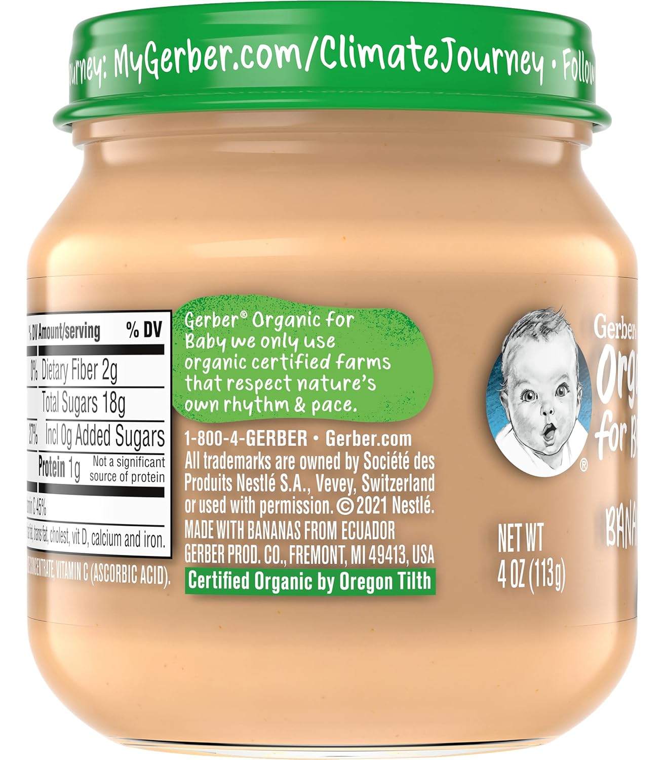 Gerber Organic for Baby 1st Foods Tarro de comida para bebés, plátano, hecho con productos orgánicos y sin OMG, alimentos orgánicos para bebés,