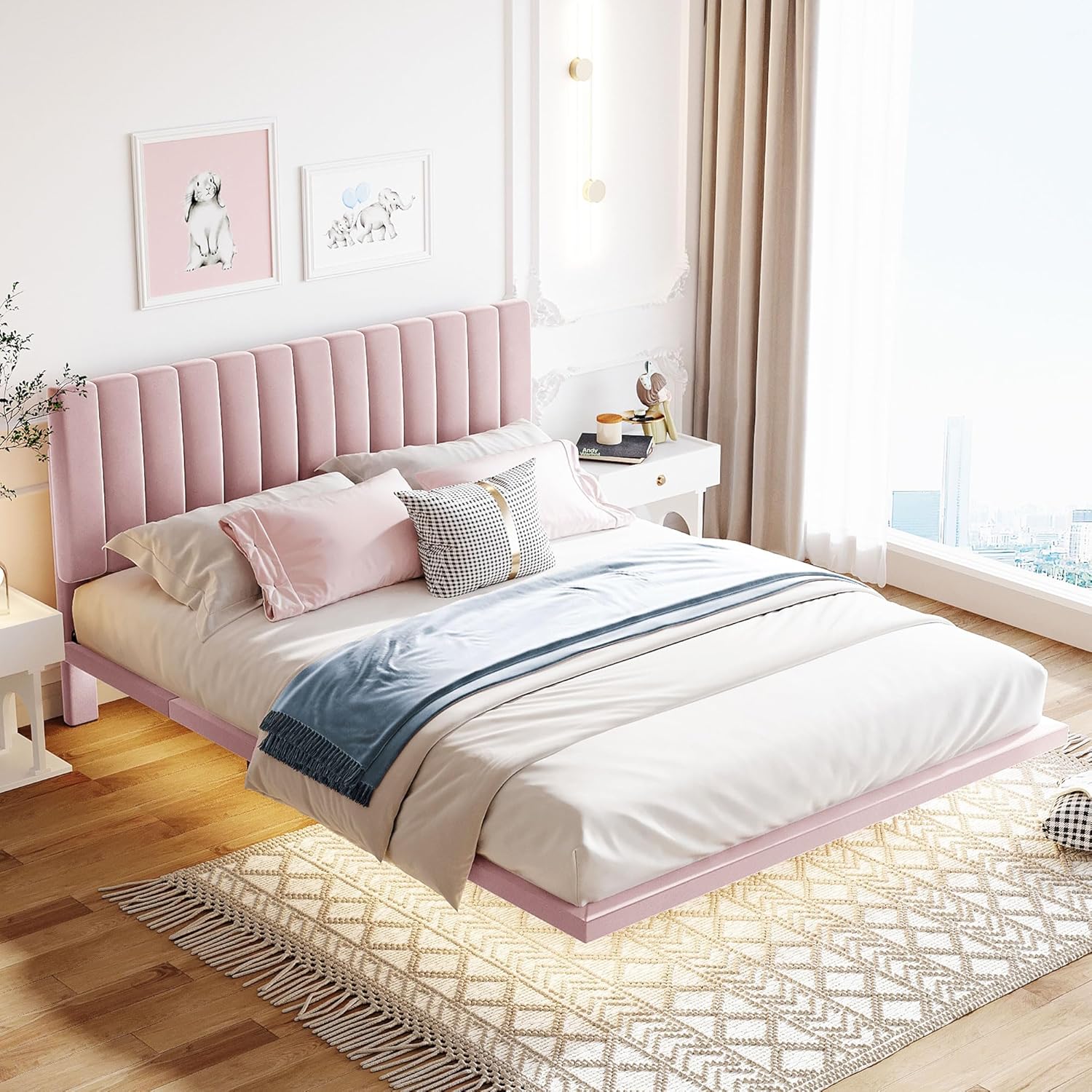 SOFTSEA Base de cama flotante tamaño Queen, plataforma tapizada con luz inteligente y cabecero, marco de cama de terciopelo tamaño Queen con soporte