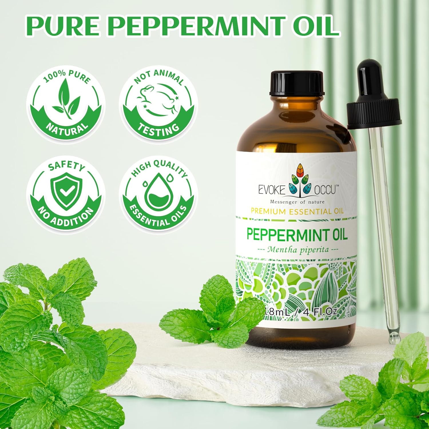 Evoke Occu Aceite esencial de menta, 4 oz, puro, para masaje de piel, cabello, difusor, de aromaterapia, 4 onzas líquidas