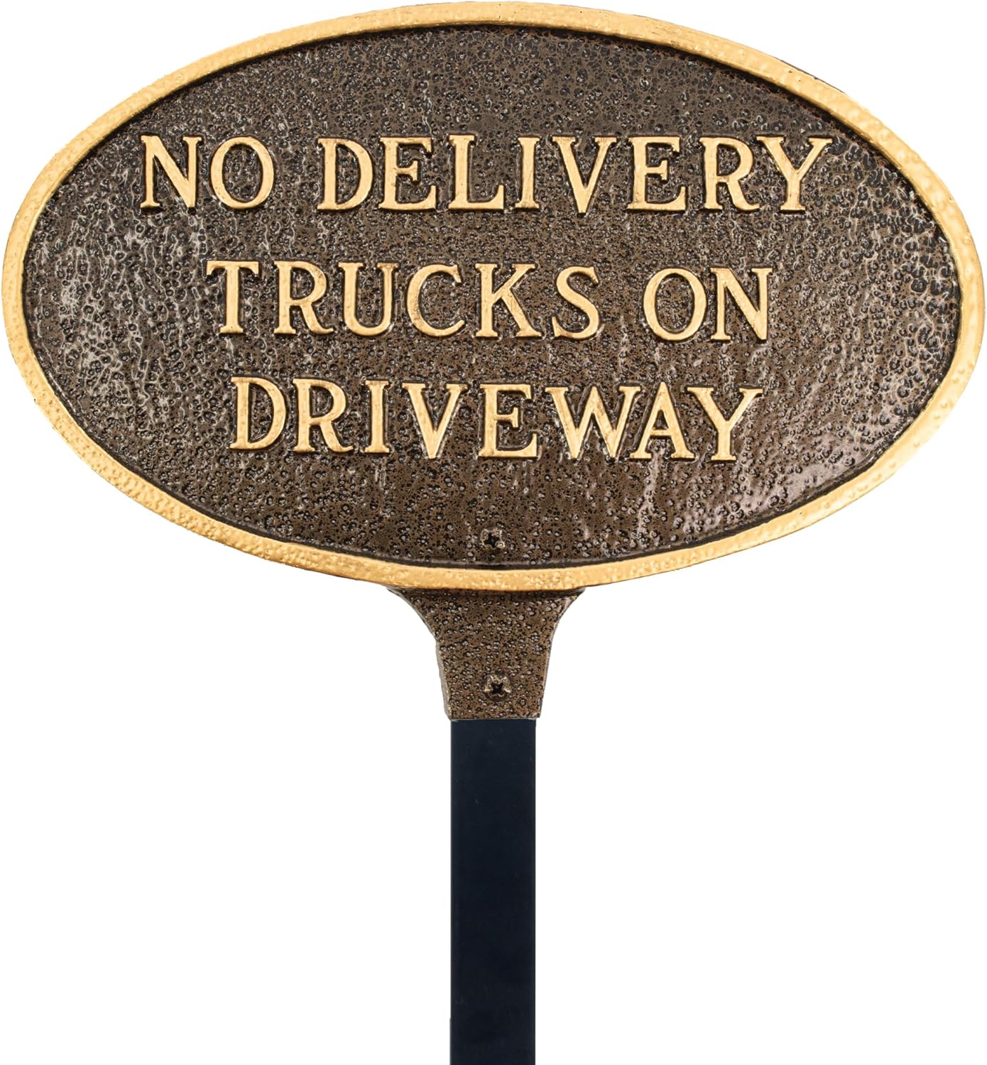 Placa ovalada con texto en inglés “No Delivery Trucks on Driveway” – Placa de visualización de pared o césped – Señal de advertencia comercial –