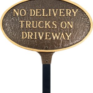 Placa ovalada con texto en inglés “No Delivery Trucks on Driveway” – Placa de visualización de pared o césped – Señal de advertencia comercial – Placa ovalada con texto en inglés “No Delivery Trucks on Driveway” – Placa de visualización de pared o césped – Señal de advertencia comercial –