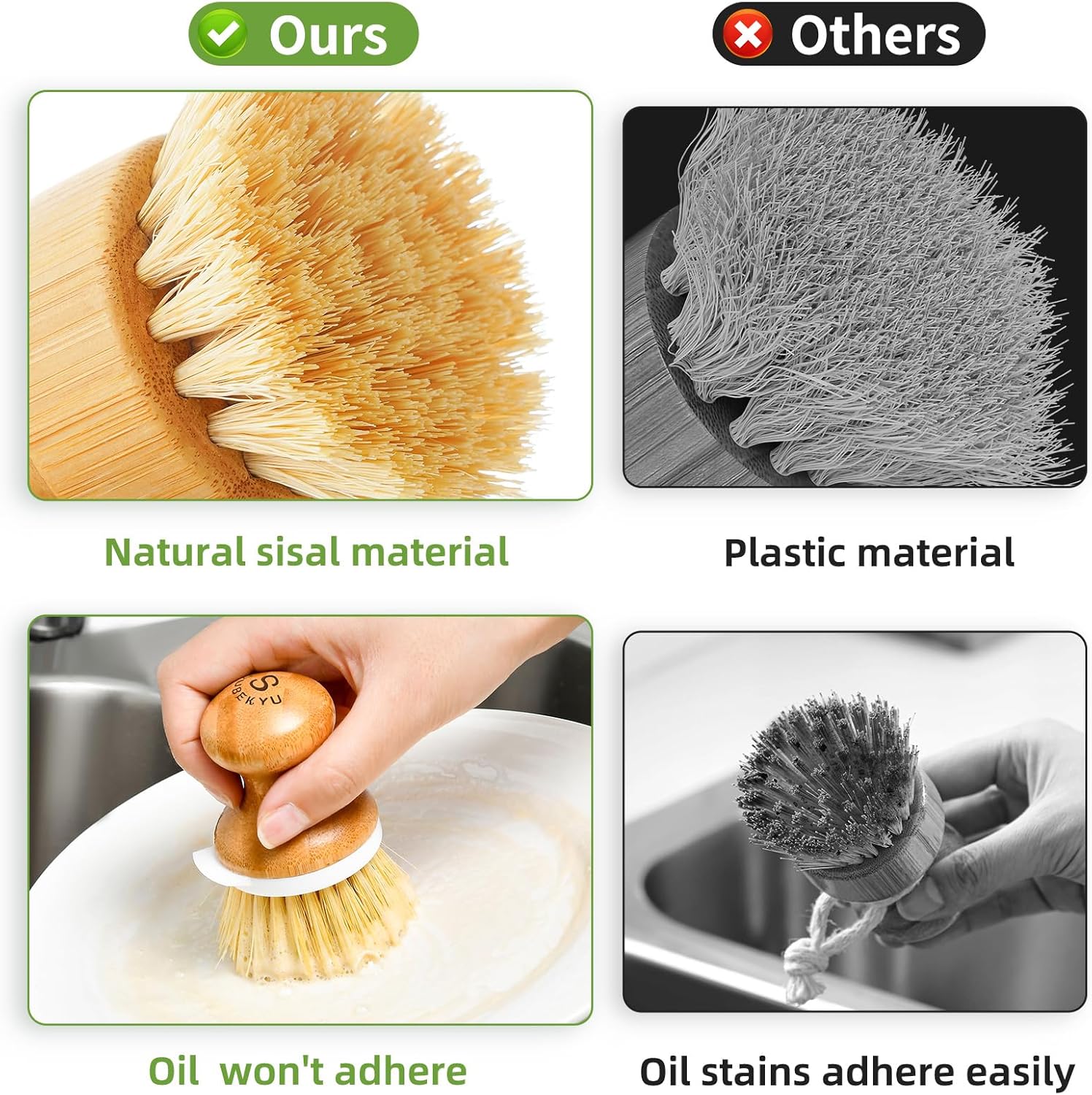 SUBEKYU Cepillo de bambú para platos, cepillo para limpiar platos de cocina con dispensador de jabón, cepillo de madera natural para lavar platos,