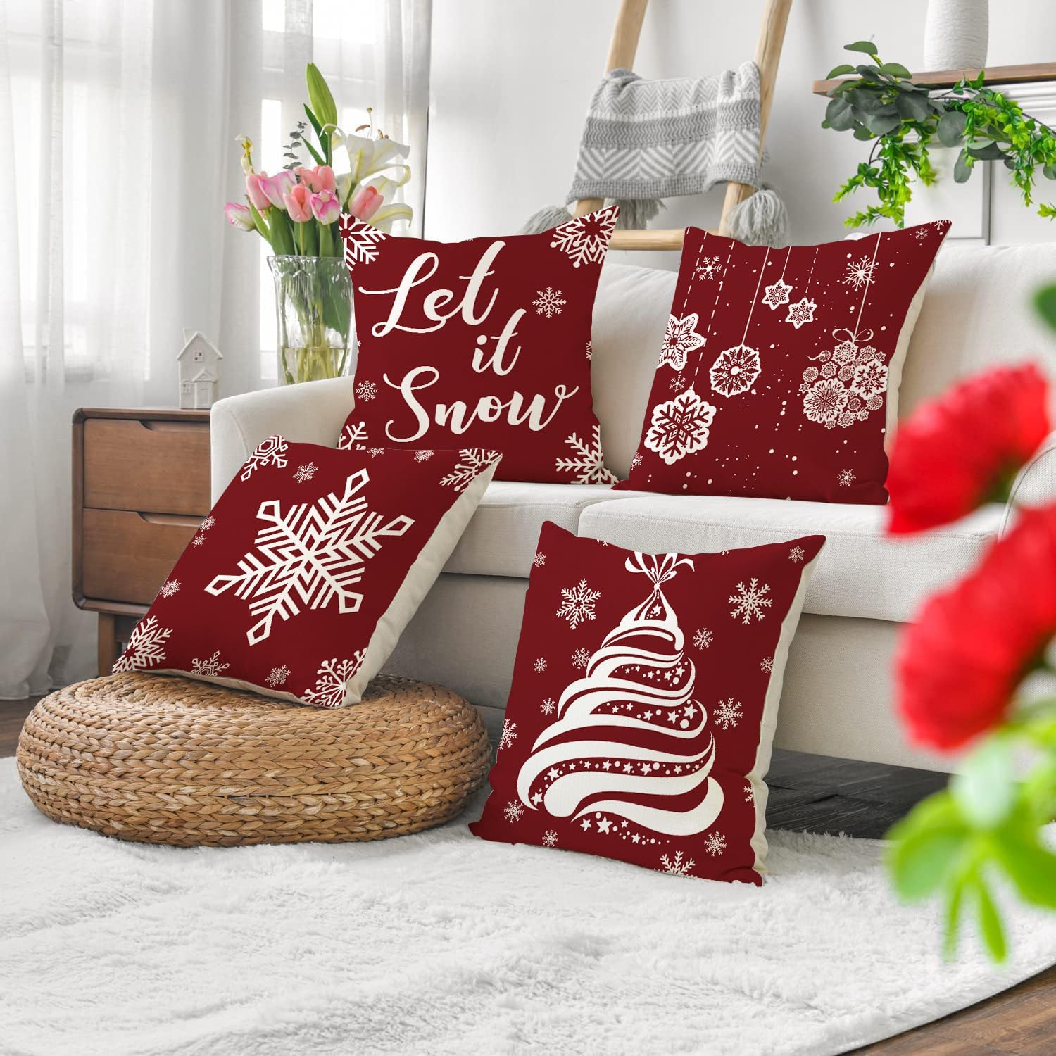 Juego de 4 fundas de almohada de Navidad, 18 x 18 pulgadas, color rojo y blanco, fundas decorativas de invierno para el hogar, sofá, sofá,