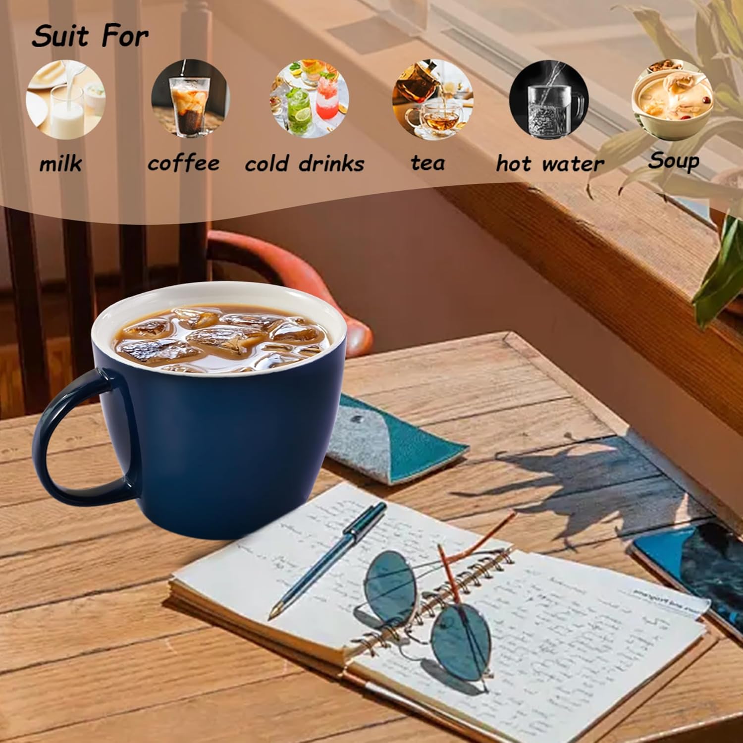 Porcelain Mug 30 OZ, Oversized Soup Cup or Jumbo Mug for Coffee, Oatmeal, Gumbo, Salad, Microwave and Oven Safe, Cool Blue