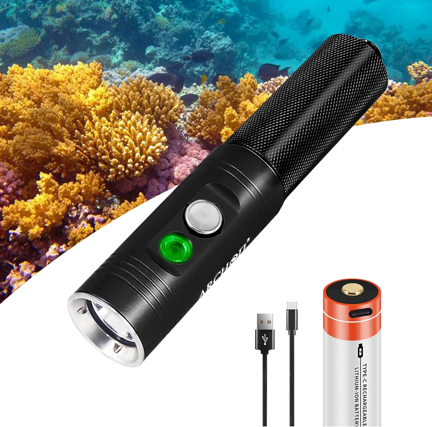 ARCHON Linterna de buceo de 1200 lúmenes, luz de buceo impermeable con indicador de potencia, haz estrecho y cargador USB, antorcha negra para