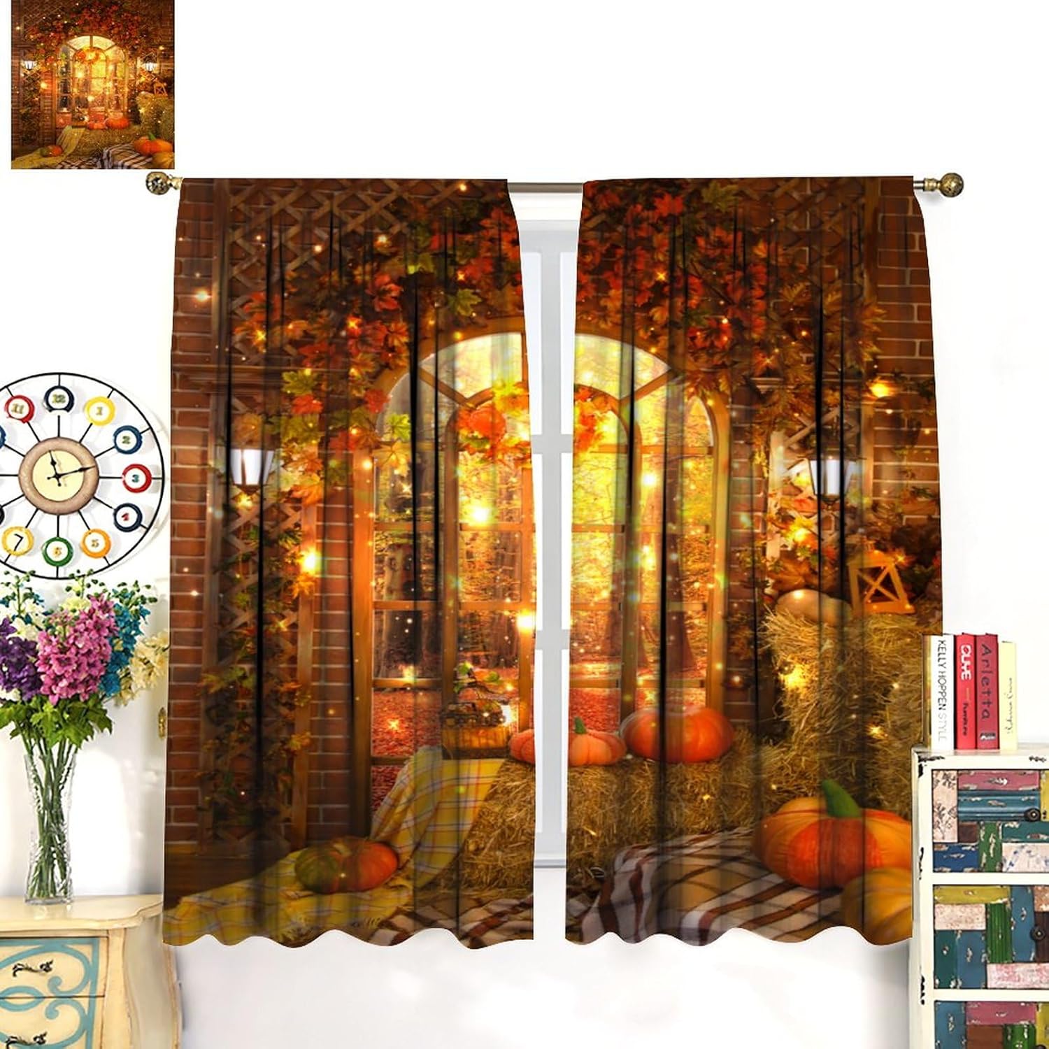 Cortinas de calabaza de cosecha de otoño, Acción de Gracias, hojas de arce otoñales, tratamientos de ventana para dormitorio, sala de estar, cocina,