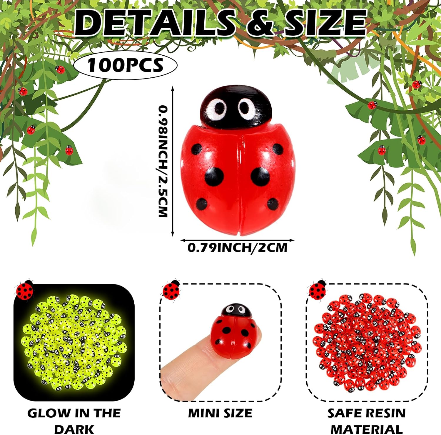 100 piezas de resina brillante mini estatua de mariquita brillante, parte trasera plana, estatua en miniatura para jardín, animales en maceta,