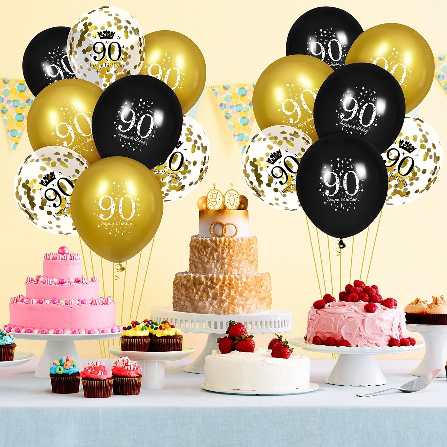 Globos de cumpleaños de 90 años para hombres, 15 globos de feliz cumpleaños de 90 años, globos negros y dorados para decoración de fiesta de