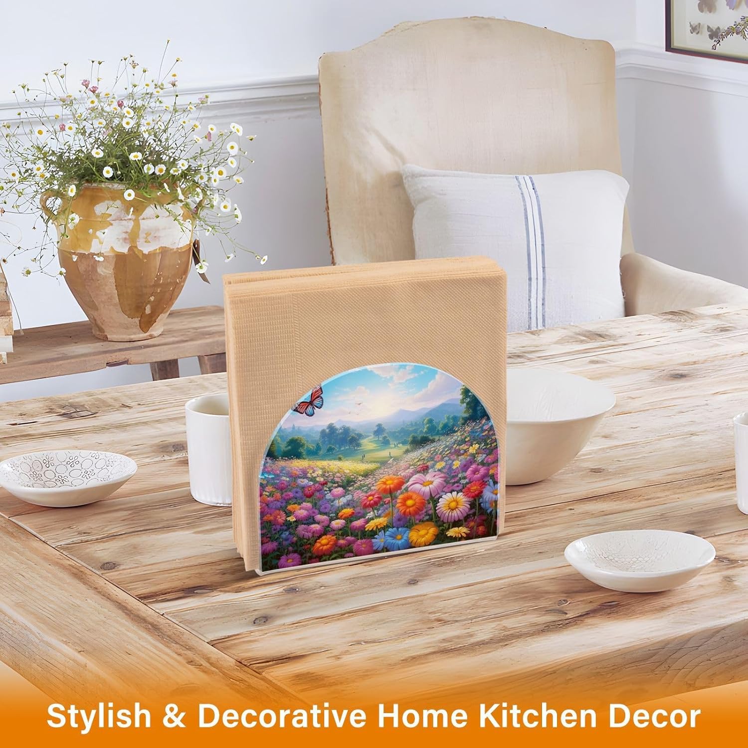 Napkin Holder Spring Flowers Butterflies Napkin Holders for Tables, Clear Acrylic Napkin Holders Cocktail Napkin Holder for Kitchen Restaurant Bar