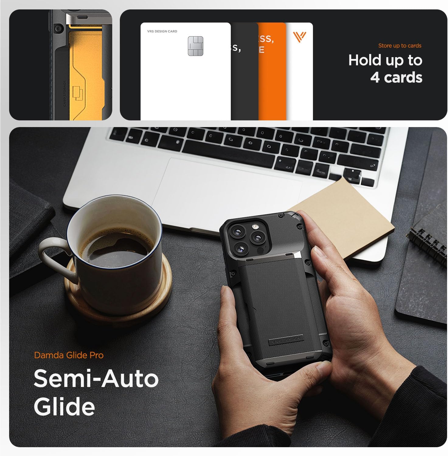 VRS DESIGN Damda Glide Pro – Funda para iPhone 15, resistente funda semiautomática (4 tarjetas) compatible con iPhone 15 (2023)