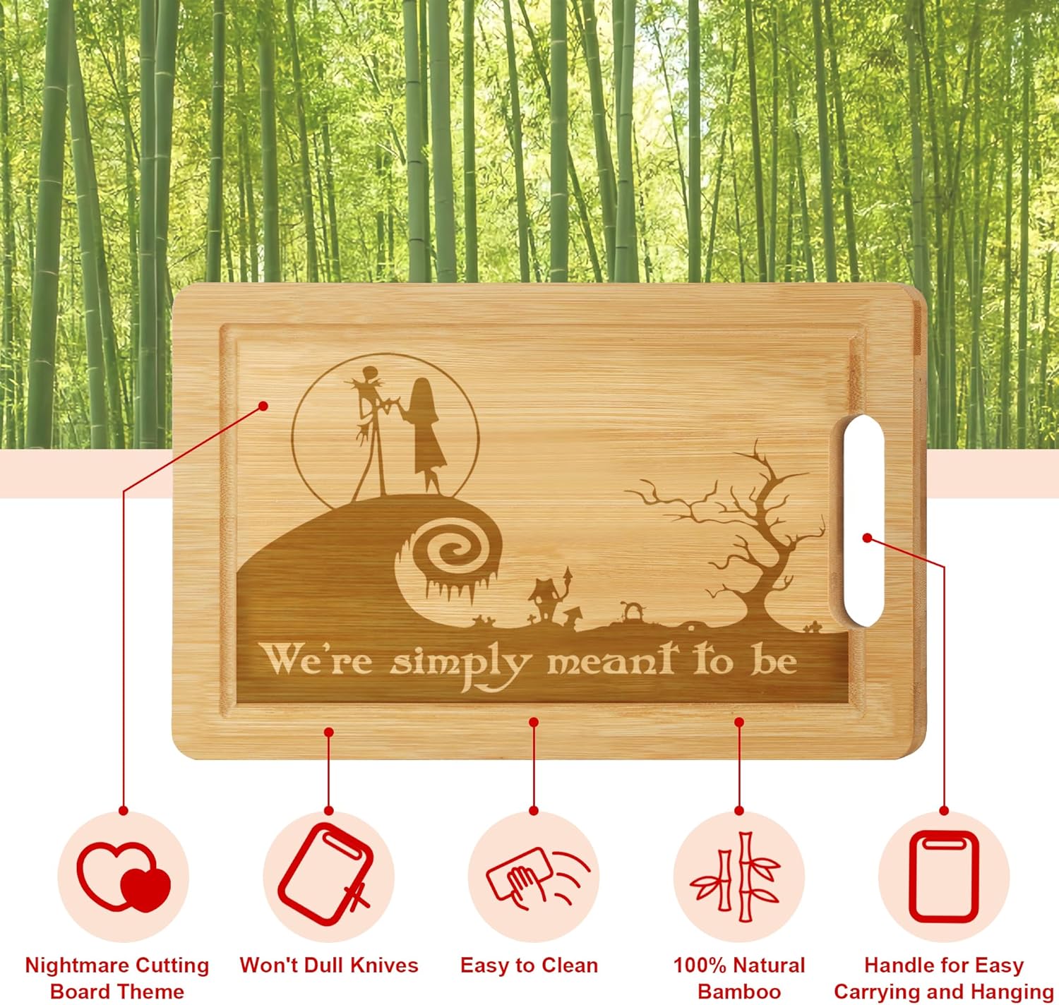 Nightmare – Tabla de cortar de bambú grabada Jack and Sally Bandeja de madera para servir alimentos para cocina, carnicero con asas, ranura para
