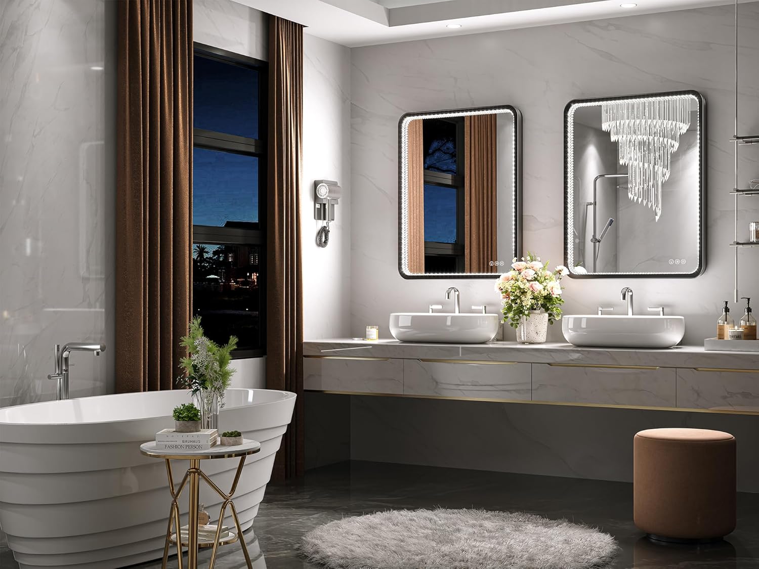 Brightify Espejo de baño LED de cristal con luces, 28 x 36 pulgadas, espejo de tocador rectangular con marco de metal de doble capa, antiniebla, 3
