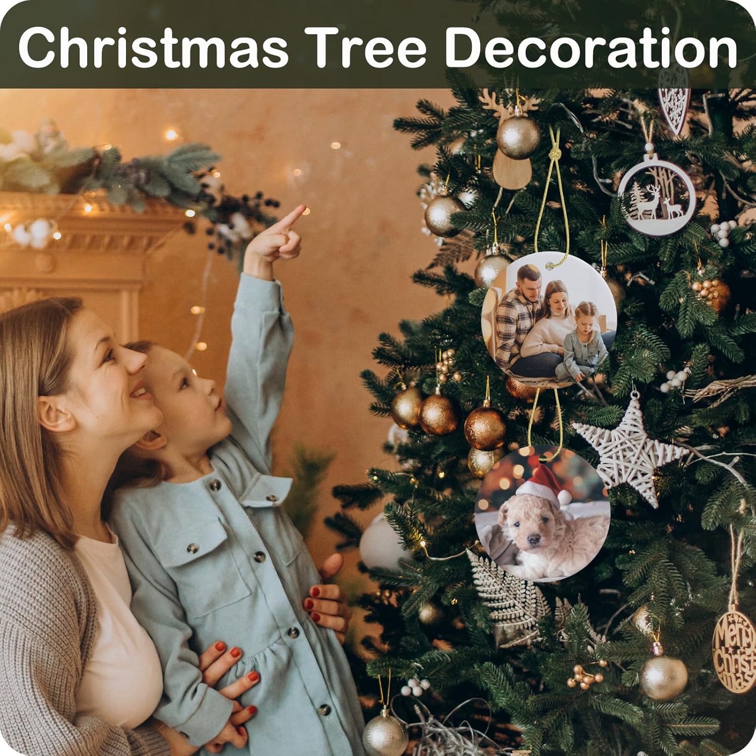 Adorno de Navidad con foto personalizada, añade texto de imagen, diseño de impresión de doble cara, colgante de cerámica personalizado, regalo de