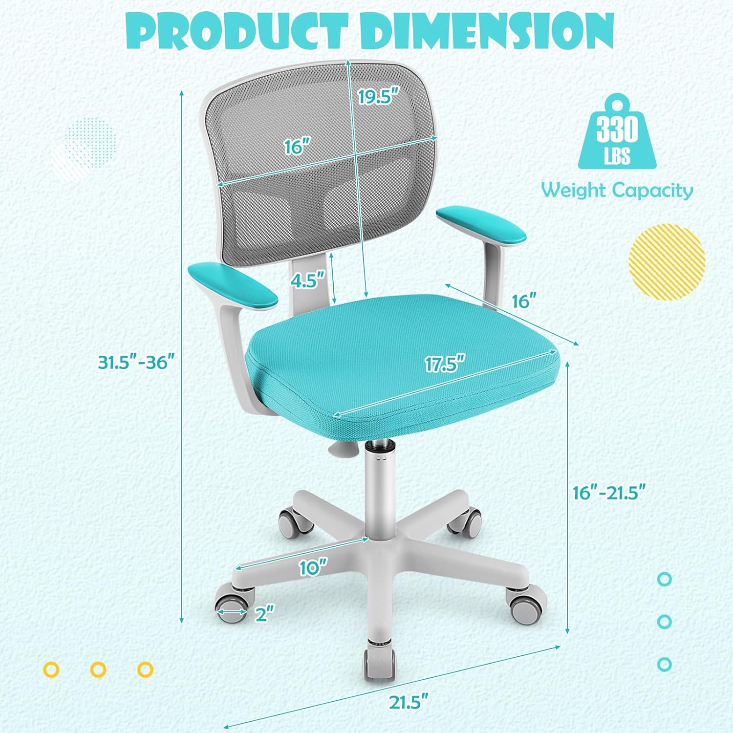 GLACER Silla de escritorio para niños con brazos, silla de estudio de malla ajustable de 330 libras con ruedas para niñas y niños, silla giratoria