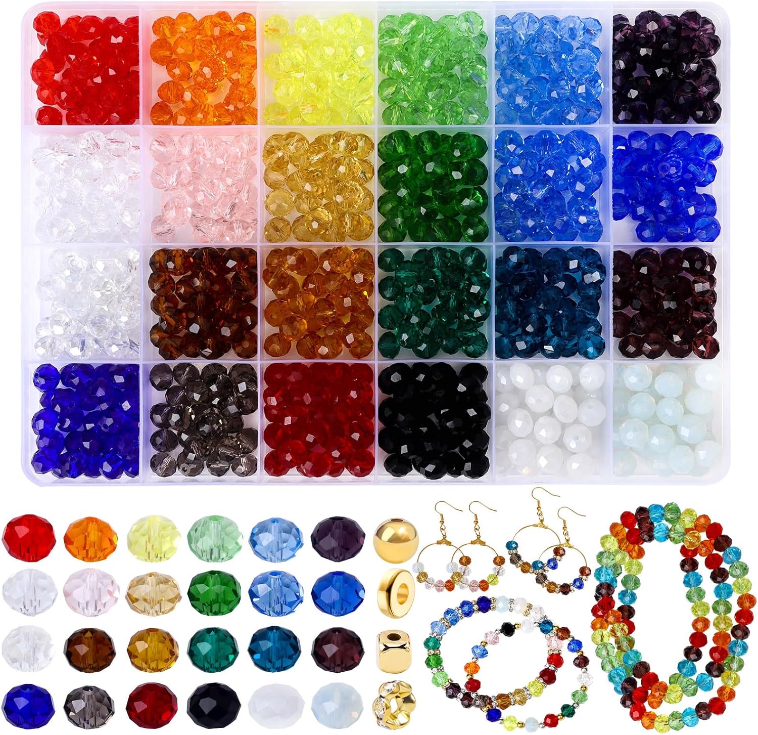 JADVY Kit de 1120 cuentas de cristal para hacer pulseras con cuentas espaciadoras, 0.315 in, 24 colores para hacer joyas, cuentas de vidrio y