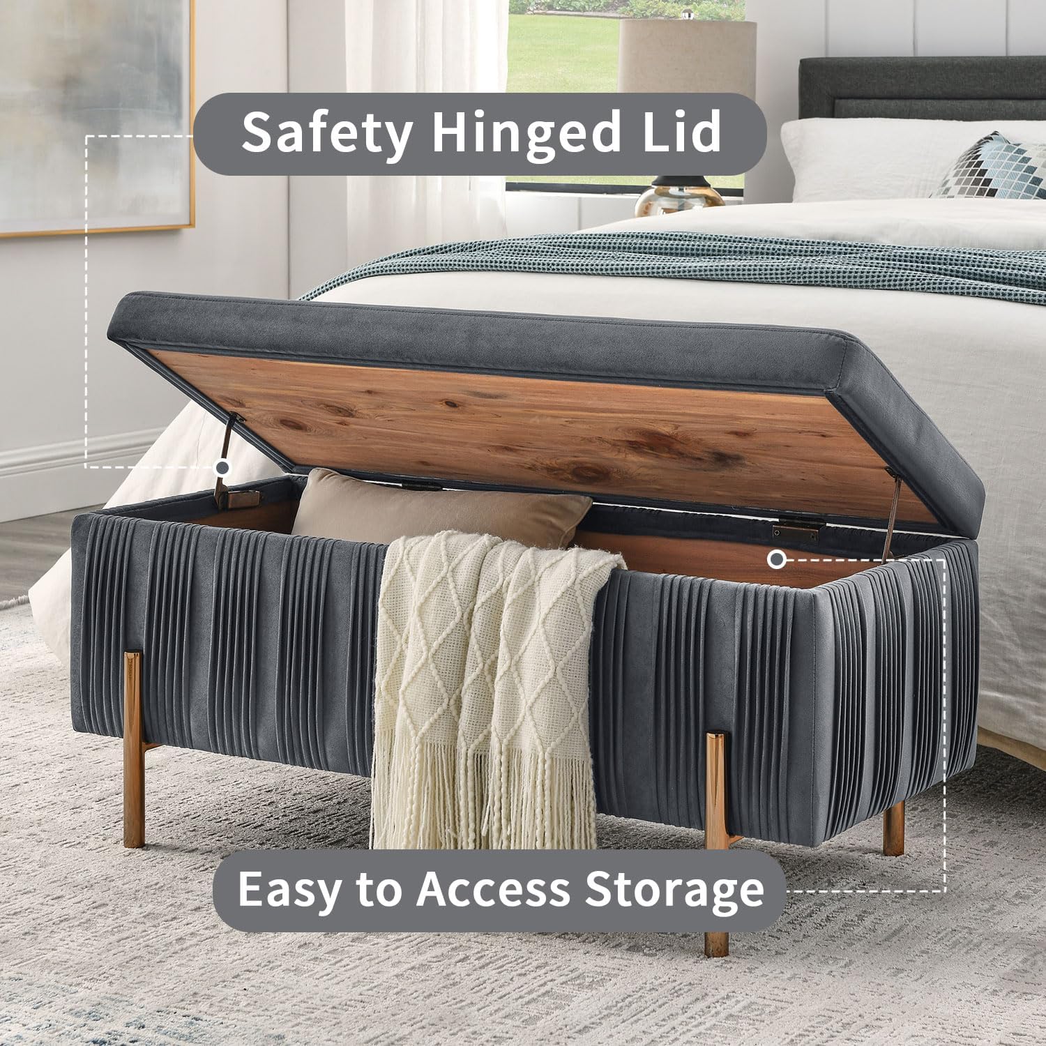 Banco de almacenamiento de terciopelo, moderno banco tapizado para interiores con patas de metal, banco otomano para sala de estar, dormitorio,