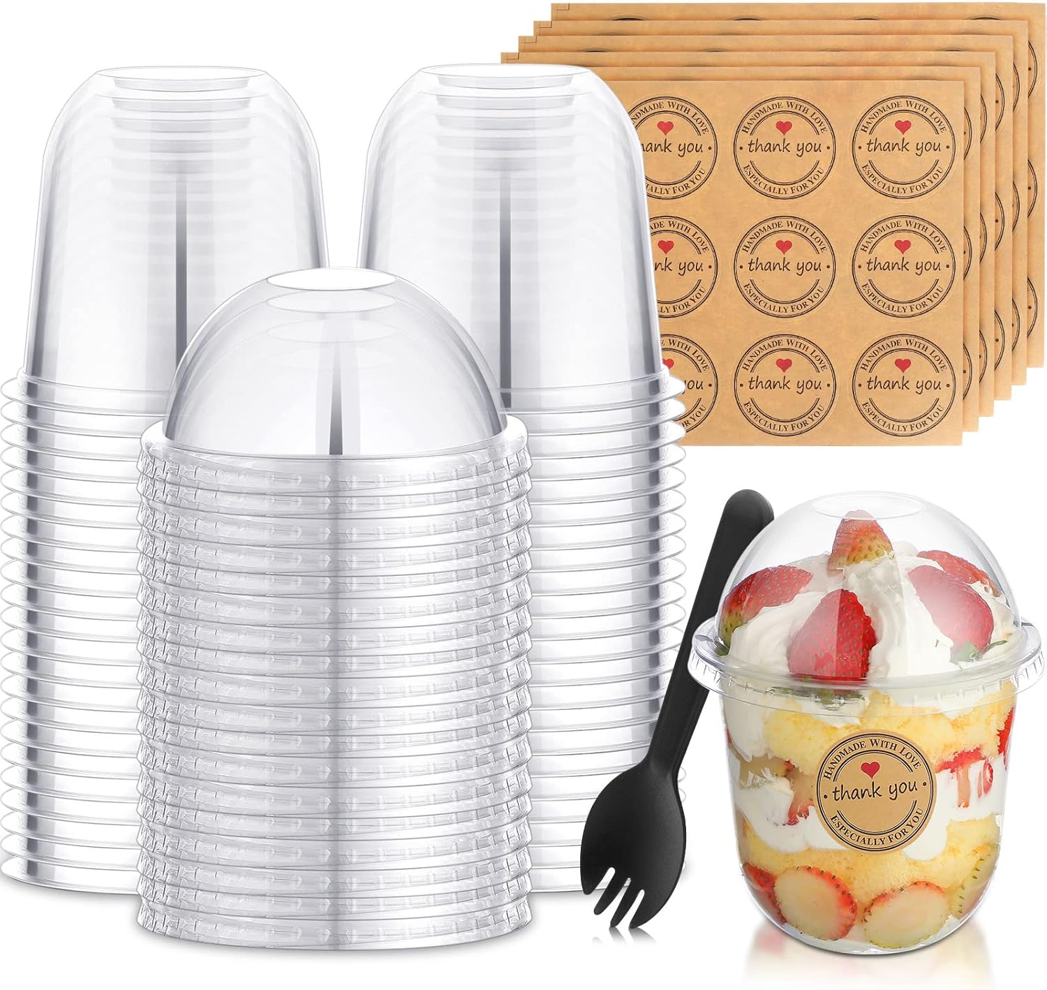 Paquete de 50 tazas de postre con tapas de cúpula, vasos de plástico desechables con tapas, tazas de helado de PET transparentes (sin agujero),