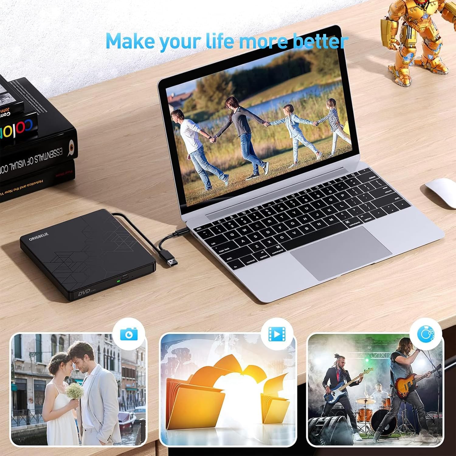 ORIGBELIE Unidad externa de CD y DVD, grabadora de CD USB 3.0 con 2 puertos USB y 2 ranuras para tarjetas TFSD, unidad de disco óptico para portátil