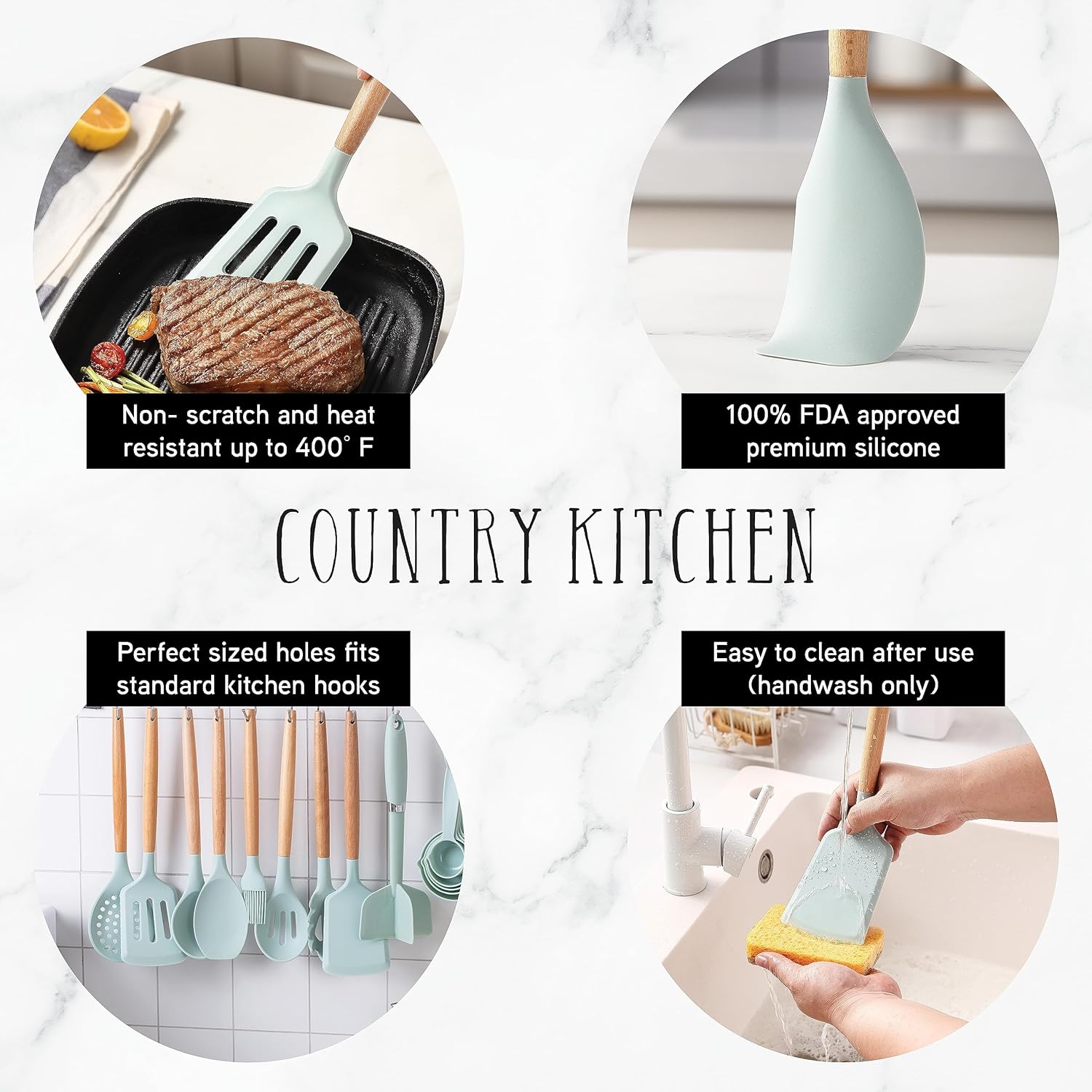 Country Kitchen Juego de utensilios de cocina  Juego de 38 espátulas de silicona antiadherentes con soporte, asas de madera y utensilios resistentes
