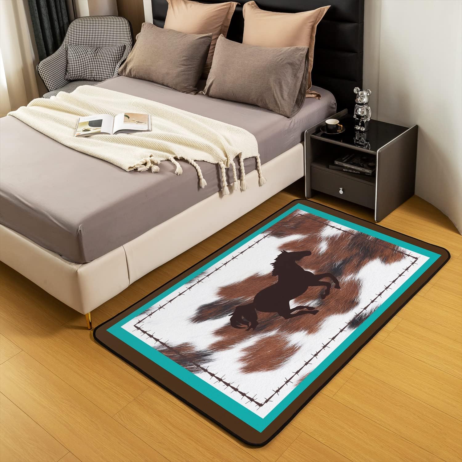 Alfombra de caballo de 5 x 7 pulgadas, alfombra de piel de vaca con estampado de granja occidental para sala de estar, dormitorio, color verde
