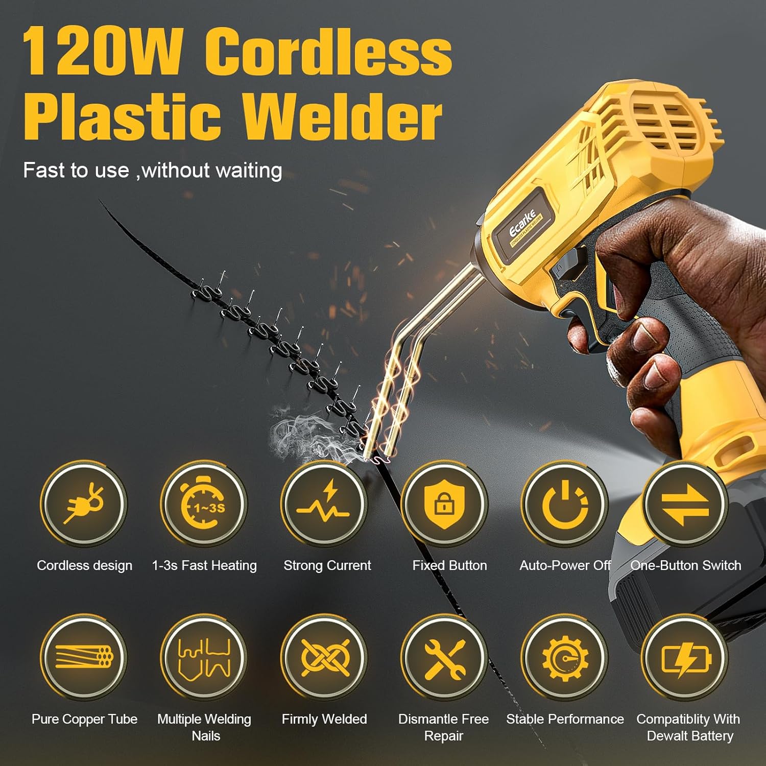 Ecarke – Pistola soldadora de plástico inalámbrica para batería Dewalt de 20 V, máquina de soldadura portátil de 120 W, 6 tipos y 600 grapas, kit de
