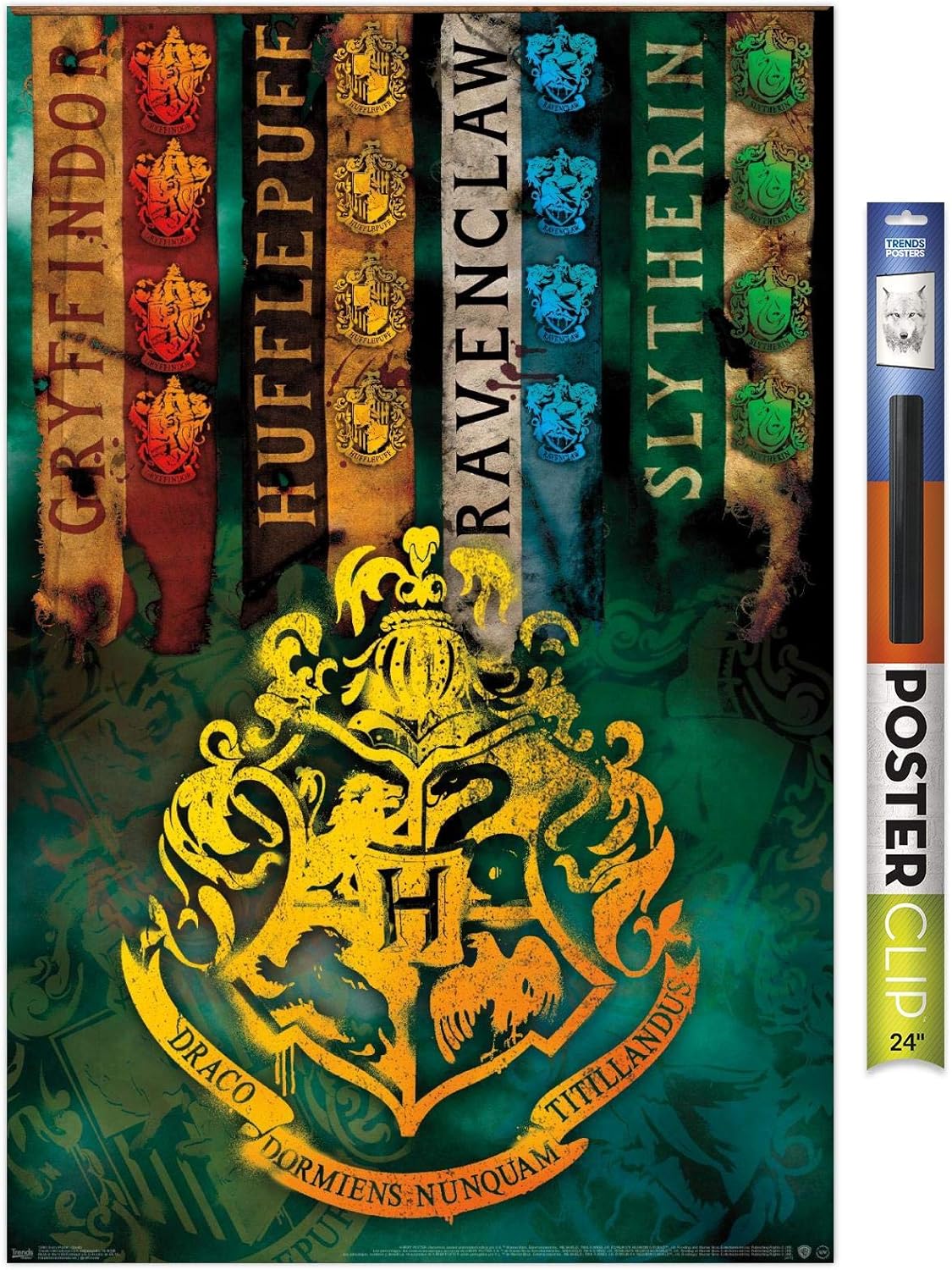Trends International The Wizarding World Harry Potter – Póster de pared con escudo de casa, 22.375 x 34 pulgadas, paquete de póster y clip
