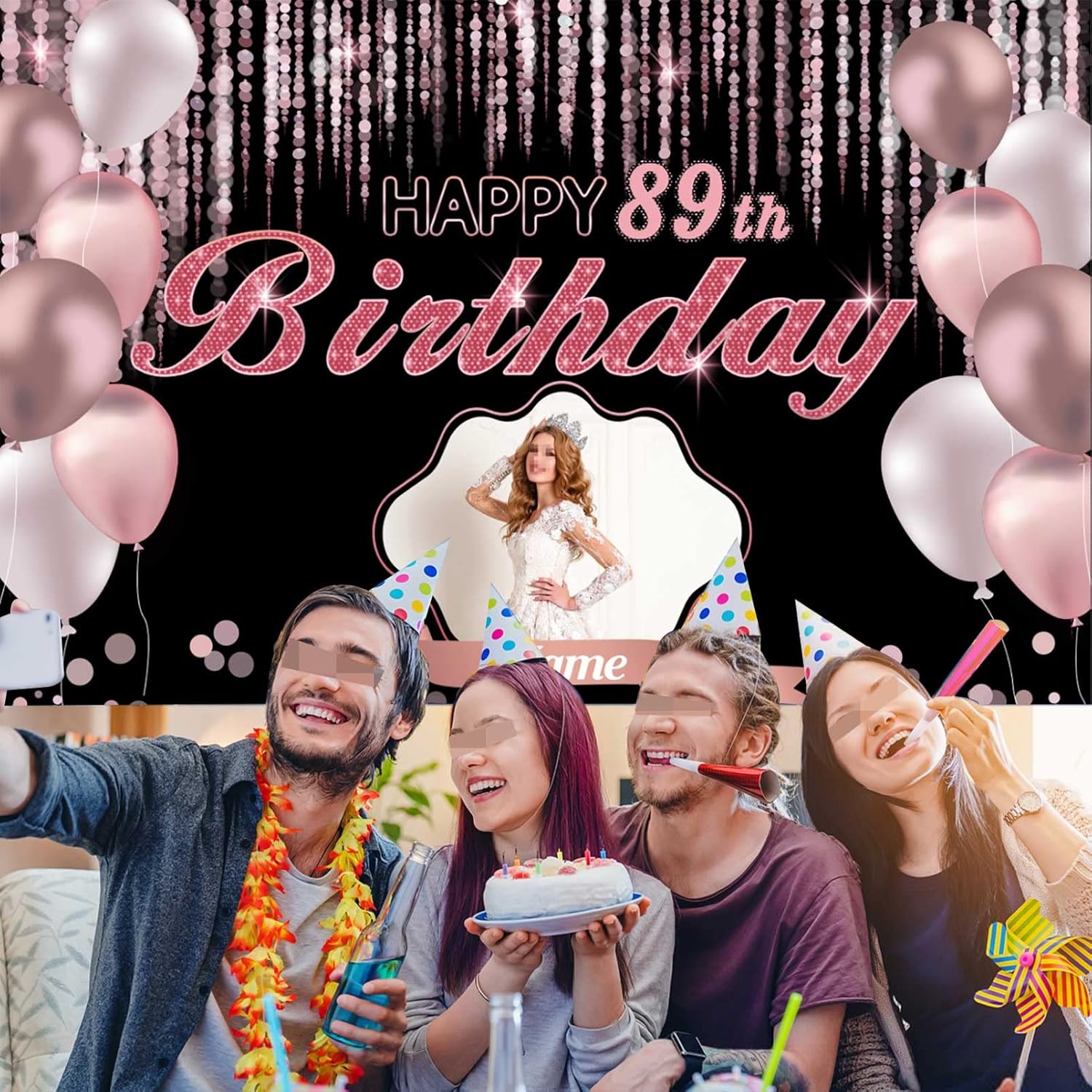 Cartel de decoración de feliz cumpleaños número 89 de oro rosa, tamaño grande, personalización con nombre y foto compatible