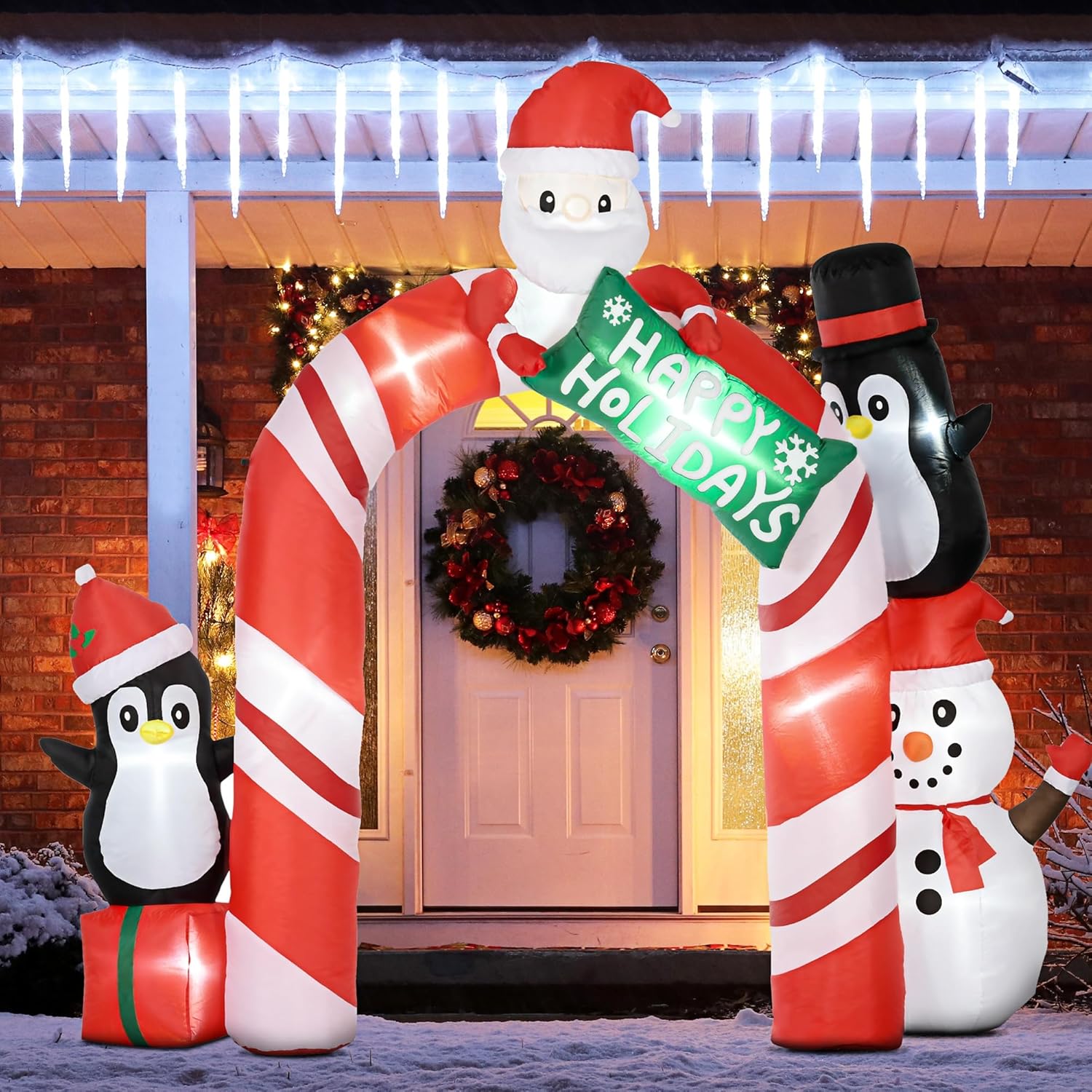 HOMCOM Inflables gigantes de Navidad de 10 pies para decoración al aire libre, arco con Papá Noel y pingüino, decoración de Navidad LED inflable