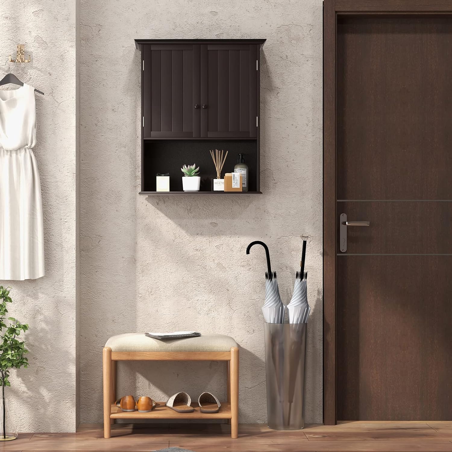 Armario de almacenamiento de baño montado en la pared, ahorro de espacio de madera sobre el inodoro con 2 puertas y estante ajustable, botiquines