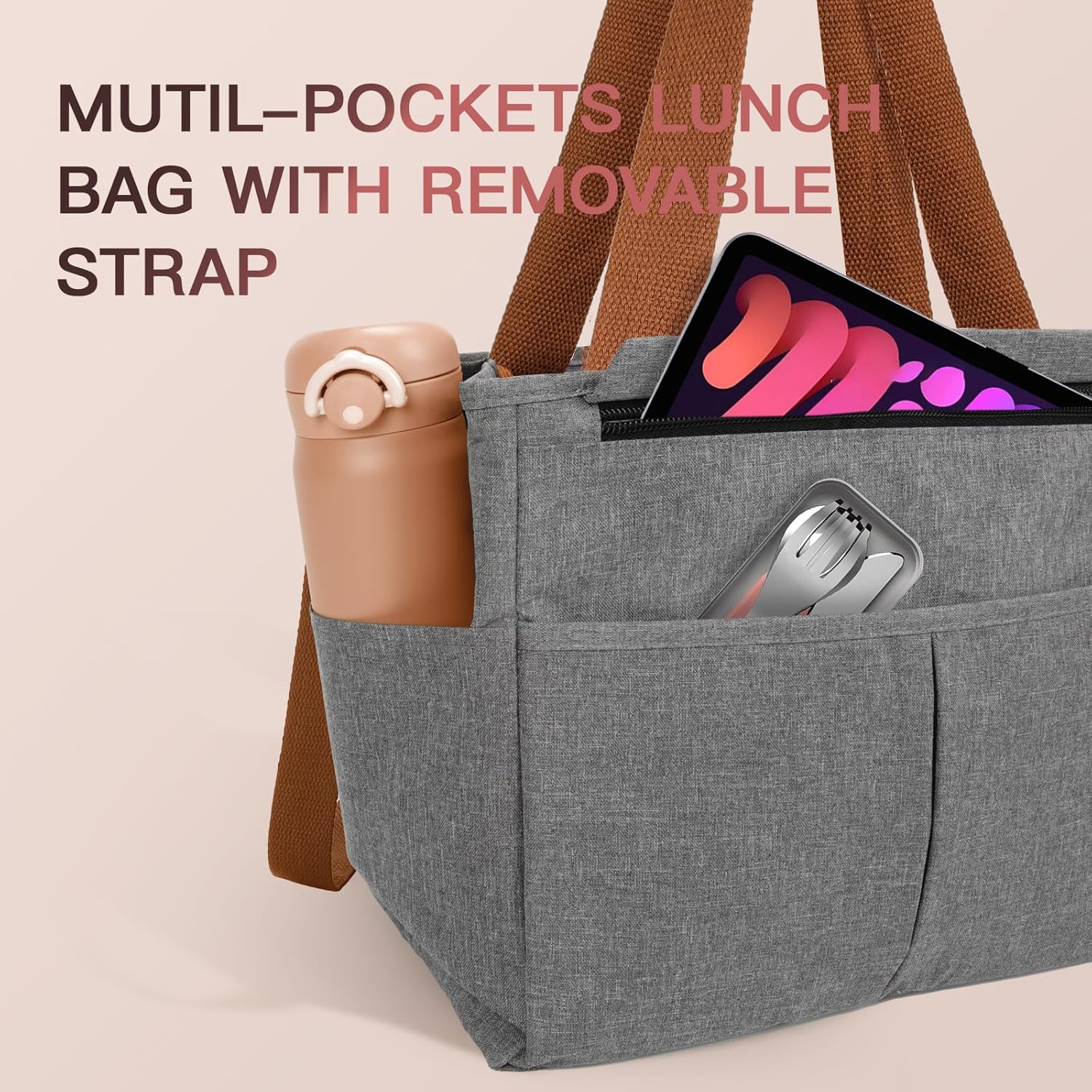Lonchera para mujer, lonchera grande aislada para hombres, bolsa de almuerzo para mujer con múltiples bolsillos para el trabajo, lonchera congelable