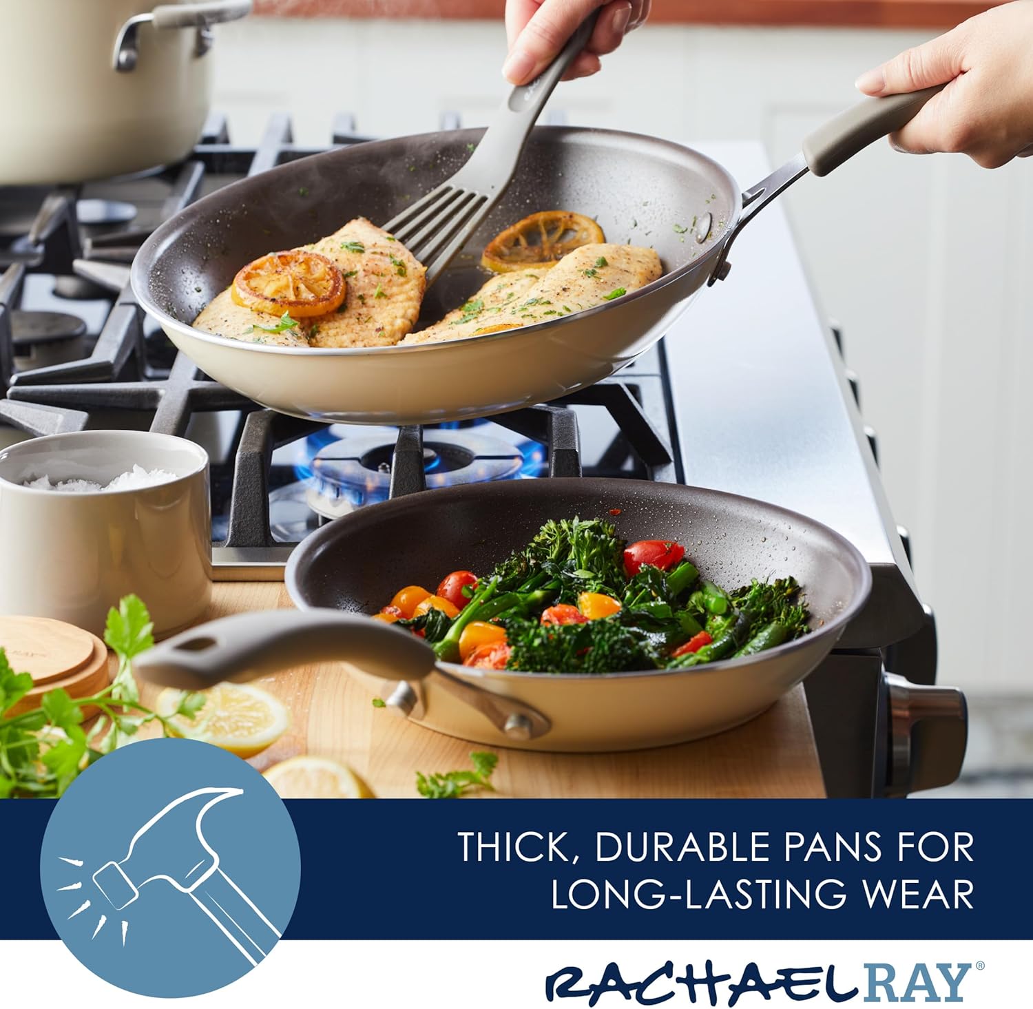 Rachael Ray Cook + Create – Juego de sartenes antiadherentes, 9.5 pulgadas y 11.75 pulgadas, almendra