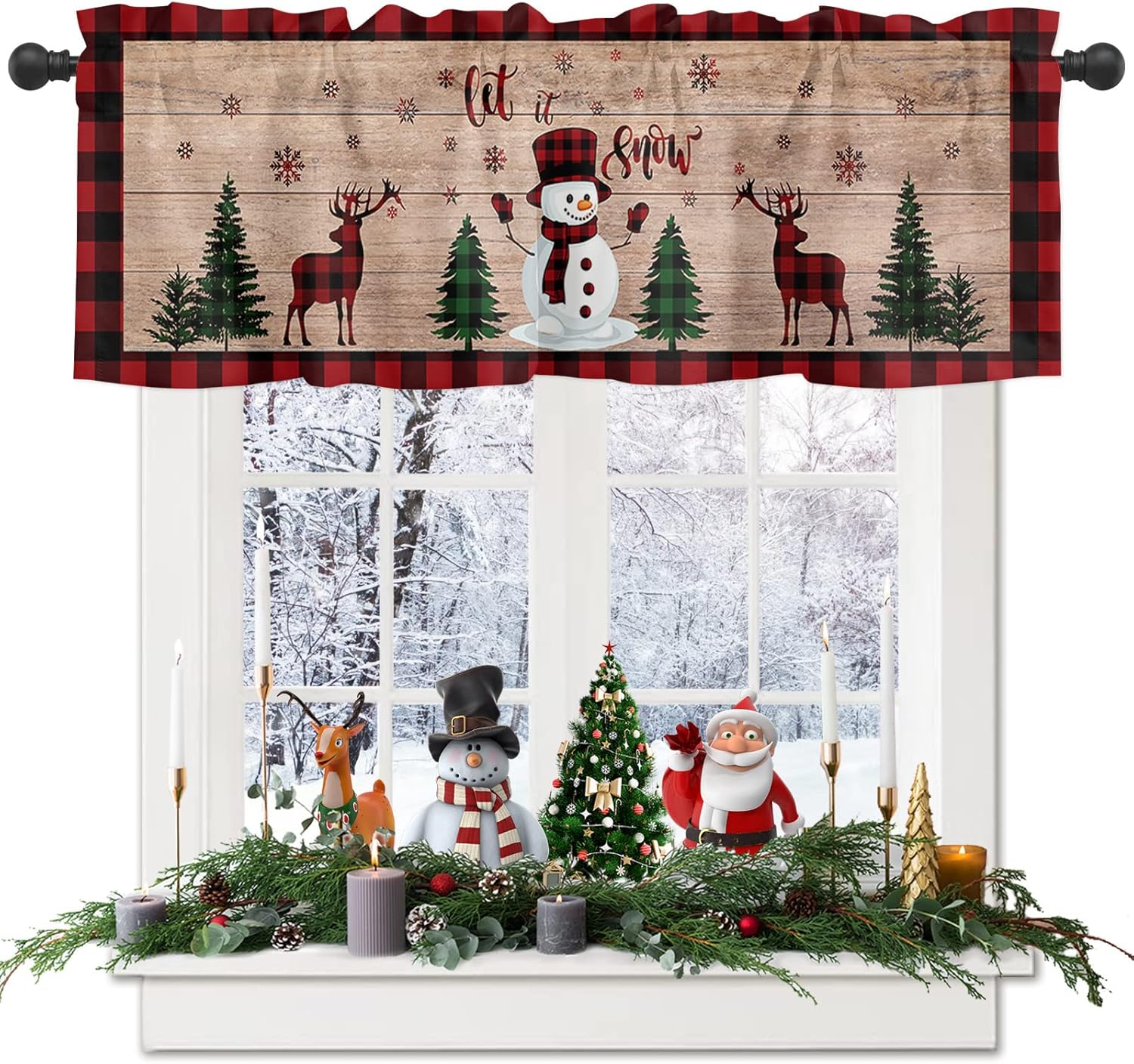 Cenefa de cortina de cocina con diseño de muñeco de nieve de Navidad, cenefa de ventana con bolsillo para barra, 1 panel de cenefas para sala de