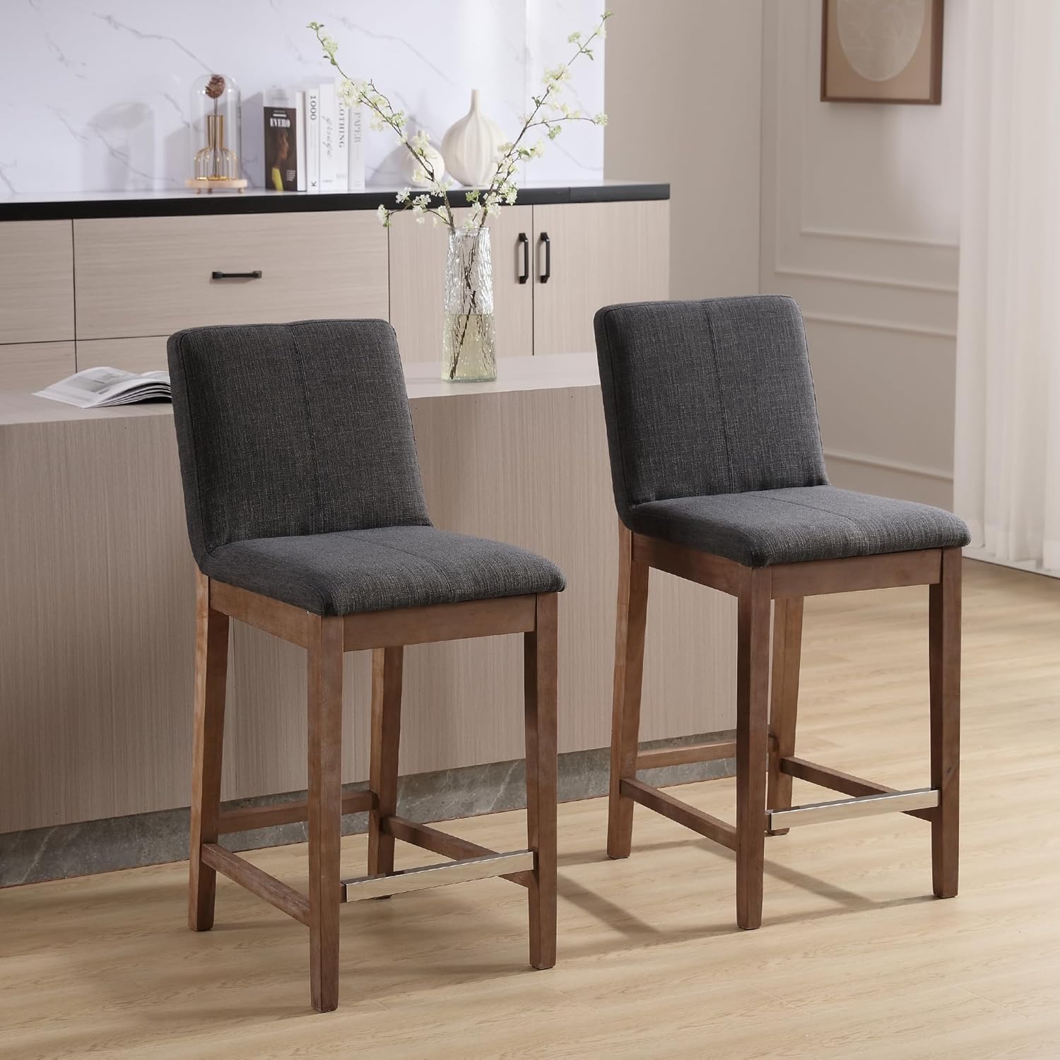 chairus Juego de 2 taburetes de bar altos de tela, taburetes de bar tapizados de lino con patas y respaldo de madera maciza para cocina, isla de
