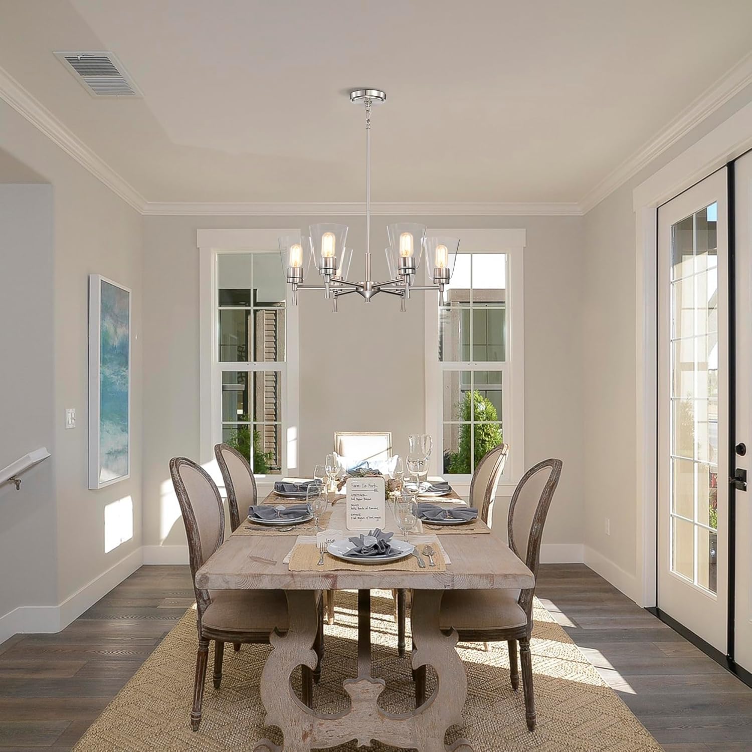 Edvivi Briarwood – Candelabro de níquel cepillado con pantallas de cristal de cono transparente, 6 luces modernas colgantes industriales para isla