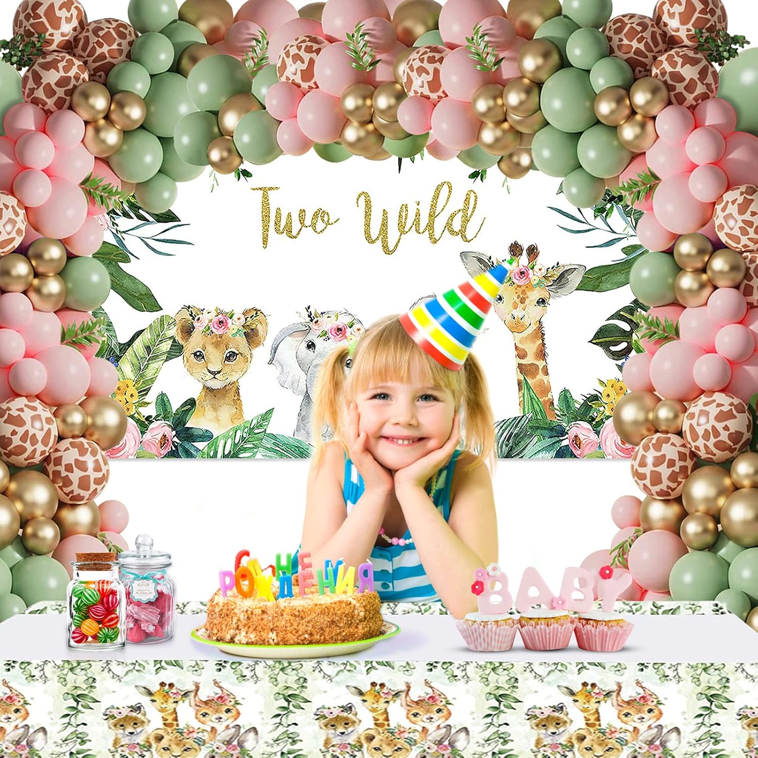Dos decoraciones de cumpleaños salvajes para niñas 150 piezas de suministros para fiesta de segundo cumpleaños, arco de globos de safari en la