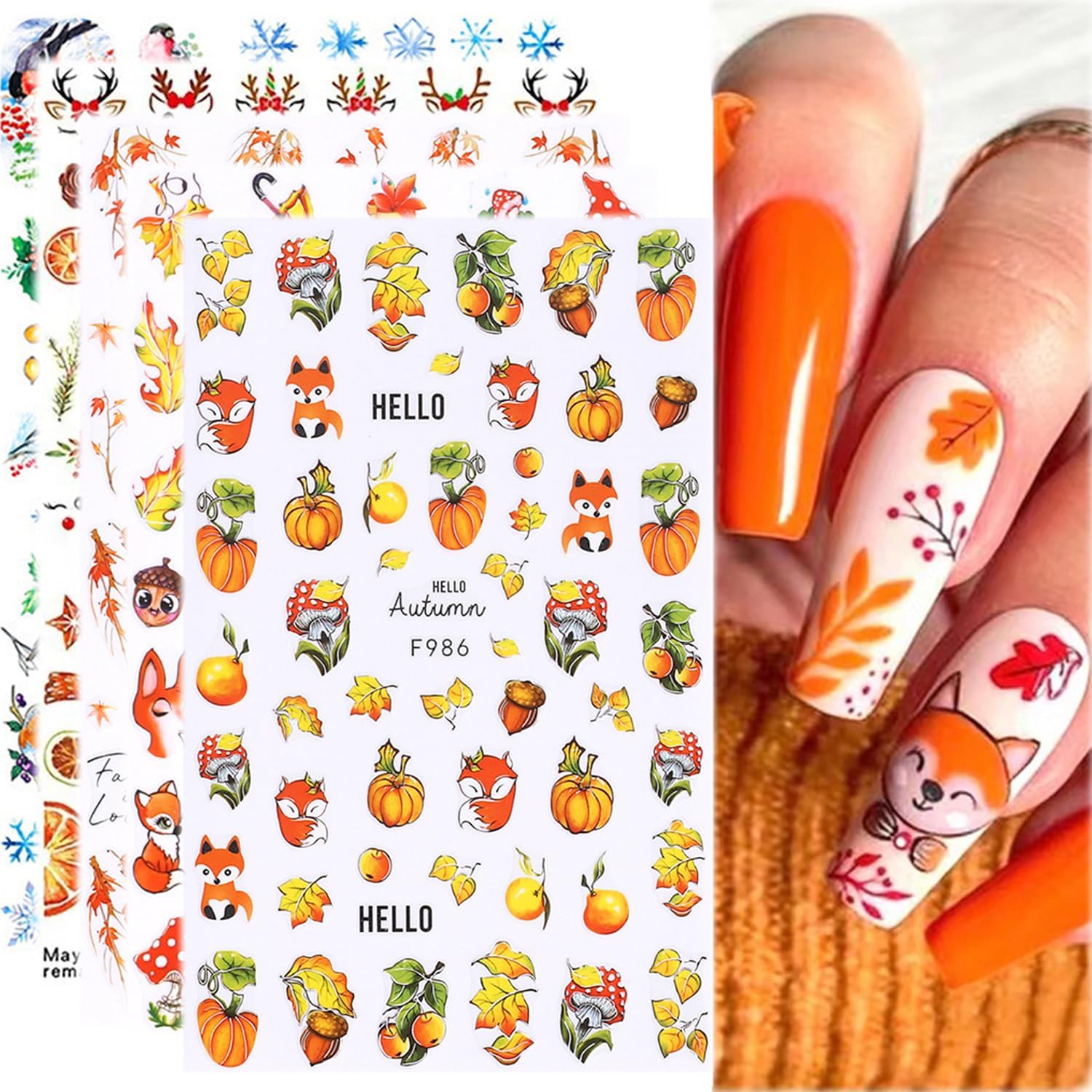 5 hojas de calcomanías de uñas de otoño, hojas de arce, ardilla, alce, grabadas en relieve, calcomanías de arte de uñas de Acción de Gracias,