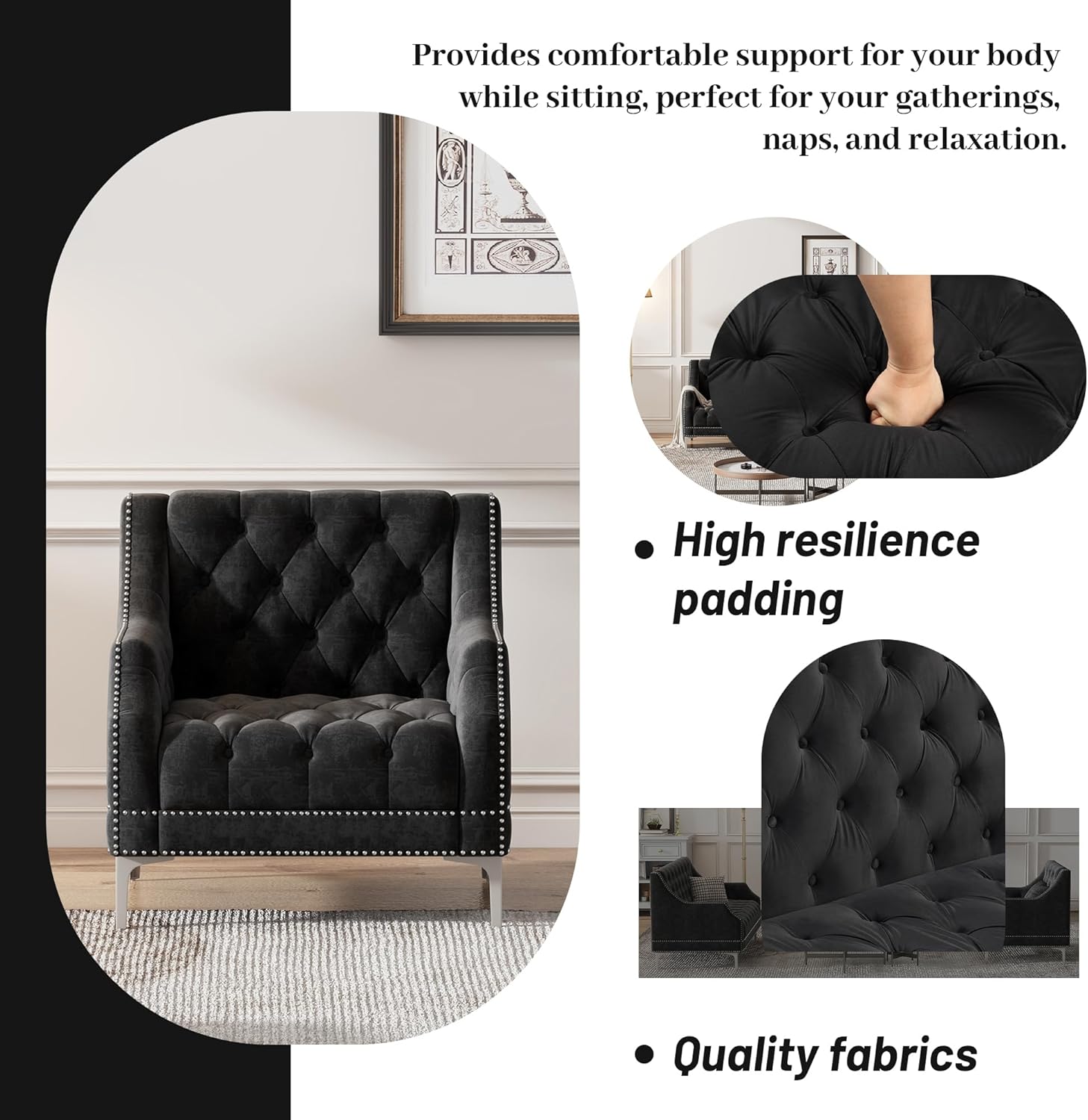 Sofá de 3 plazas, cómodos sofás para sala de estar, sofá tapizado moderno de mediados de siglo con patas de metal y botones en la parte posterior,
