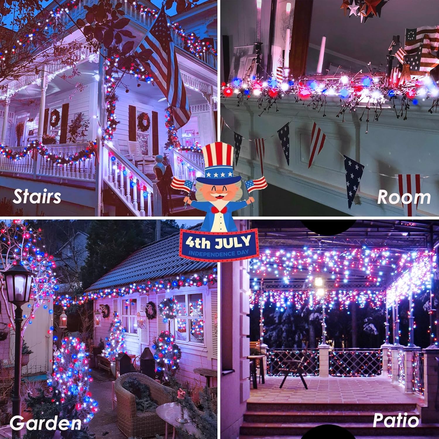 SANJICHA Decoraciones del 4 de julio, 100 luces LED de 33 pies para interiores y exteriores, luces rojas, azules y blancas, 8 modos de luces