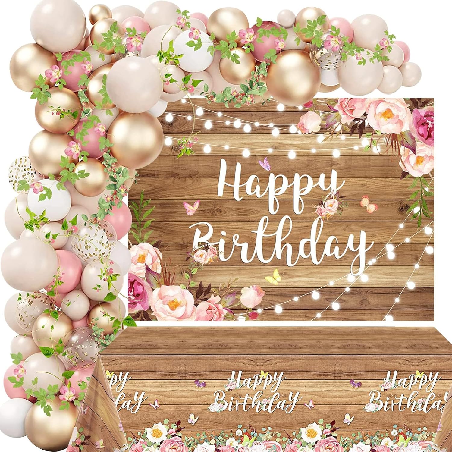 Decoraciones florales de feliz cumpleaños para mujer, 105 piezas de suministros de fiesta de cumpleaños de flores de madera, incluyendo telón de