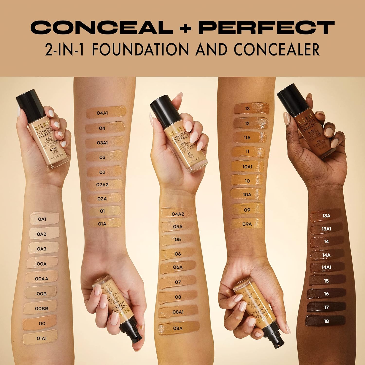 Milani – Conceal + Perfect 2 en 1, Base + Corrector (1 onza fluida) – Base líquida libre de crueldad animal Cubre ojeras, manchas y decoloración de