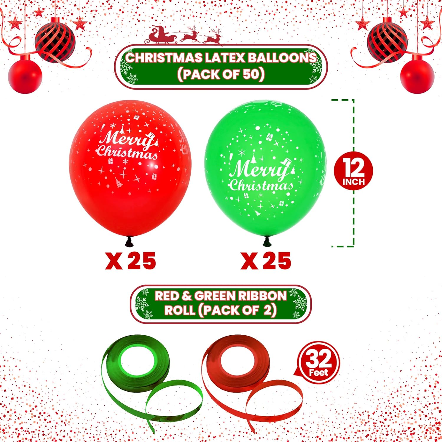 KatchOn, Merry Christmas Balloons – Pack of 50, 12 Inch  Printed Red and Green Balloons for Christmas Party Decorations  Holiday Balloons, Christmas