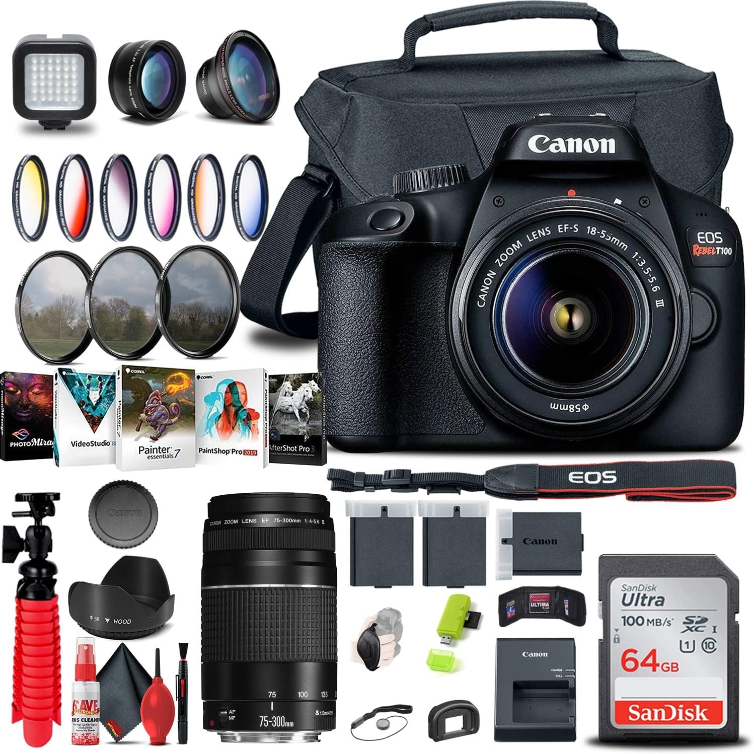 Canon EOS Rebel T100  4000D Cámara DSLR con lente de 0.709-2.165 in, lente Canon EF 2.953-11.811 in, tarjeta de memoria de 64GB, kit de filtro de