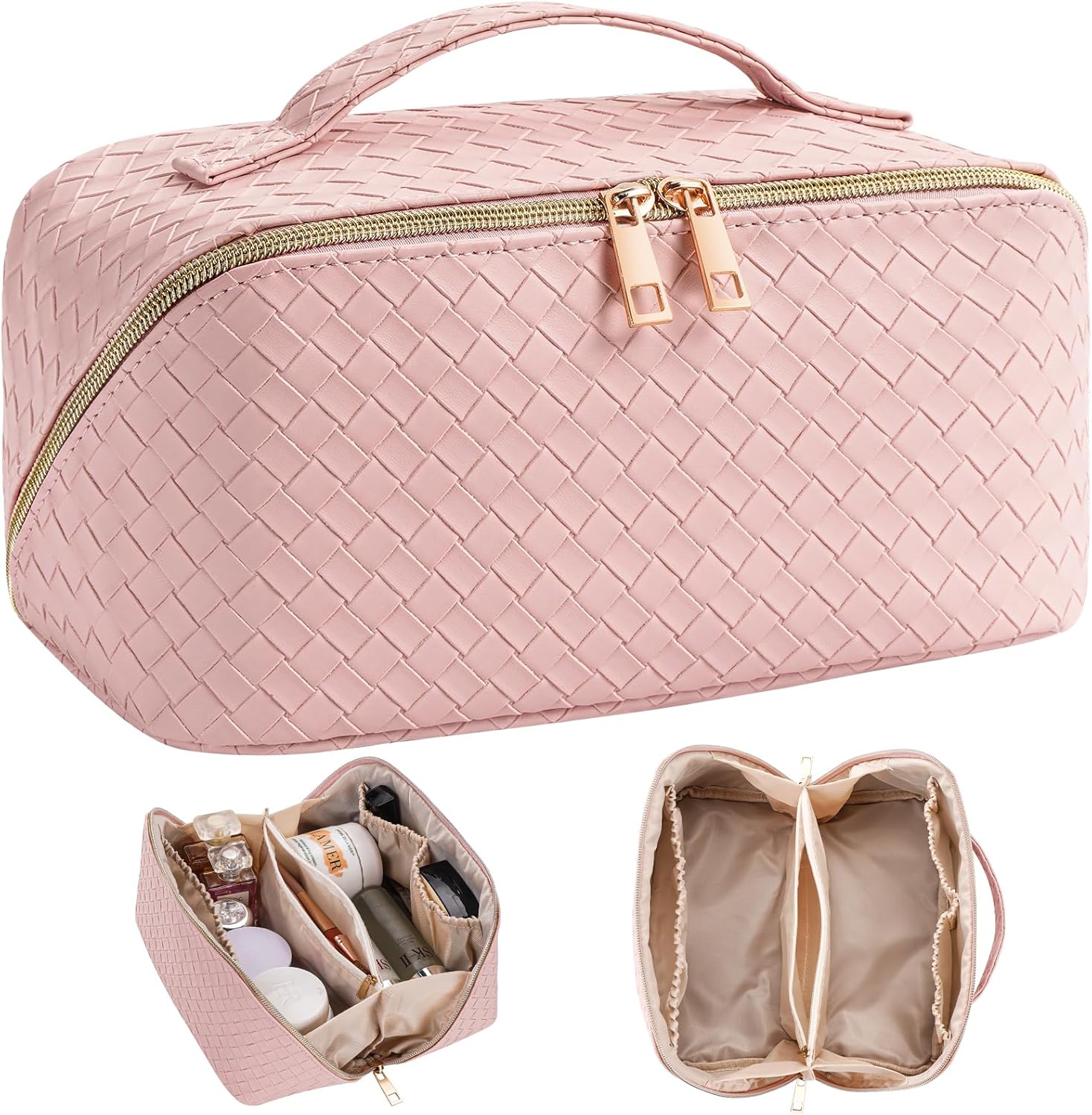 VVABELLI Bolsa de maquillaje  Bolsa de cosméticos de viaje de gran capacidad, portátil de cuero impermeable, bolsa de maquillaje de viaje para