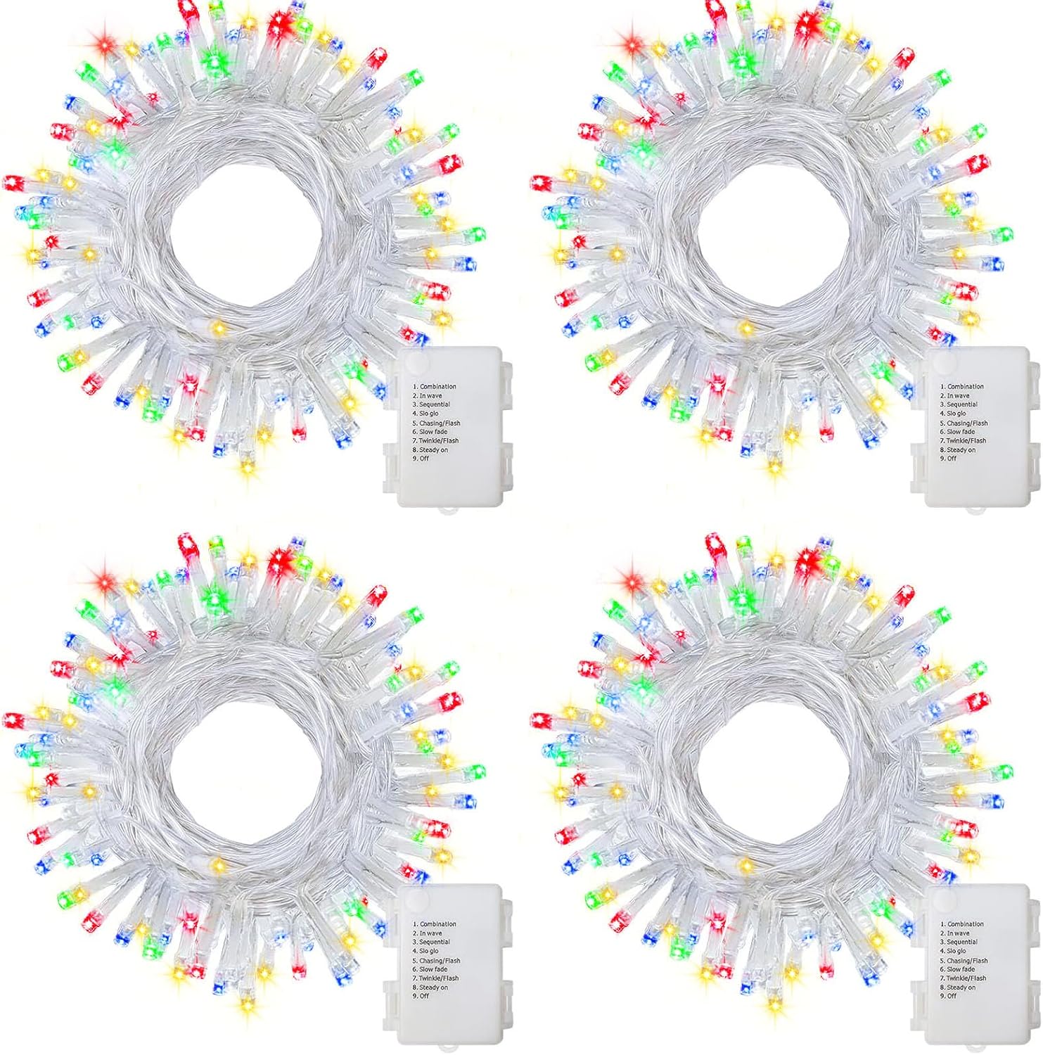 Paquete de 4 tiras de luces multicolor a pilas para exteriores, 16.5 pies, 50 LED, temporizador, luces RGBY de alambre transparente, luces de árbol