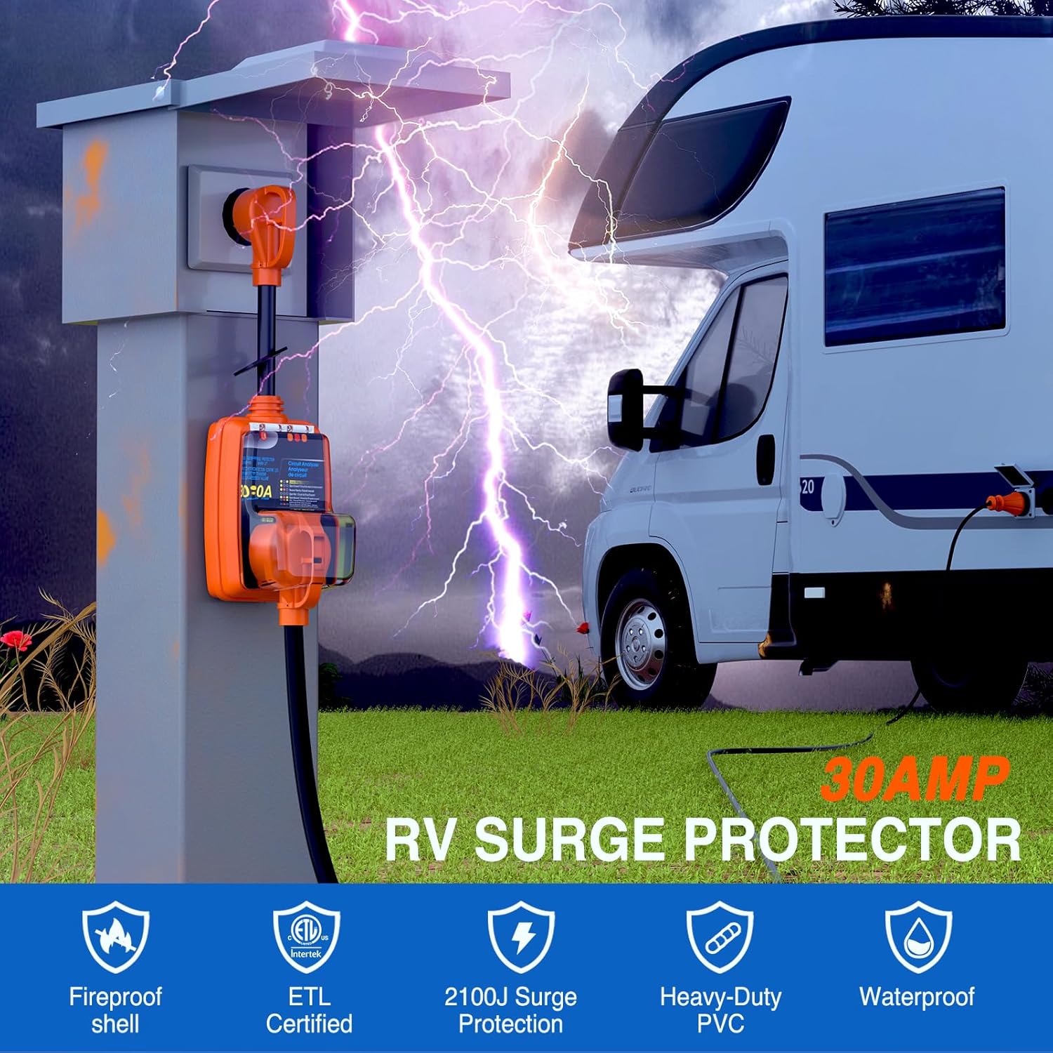 Nilight Analizador de circuitos con protector de sobretensiones RV de 30 amperios, monitor de voltaje de 2100 julios, picos altos y bajos, 125 V3750
